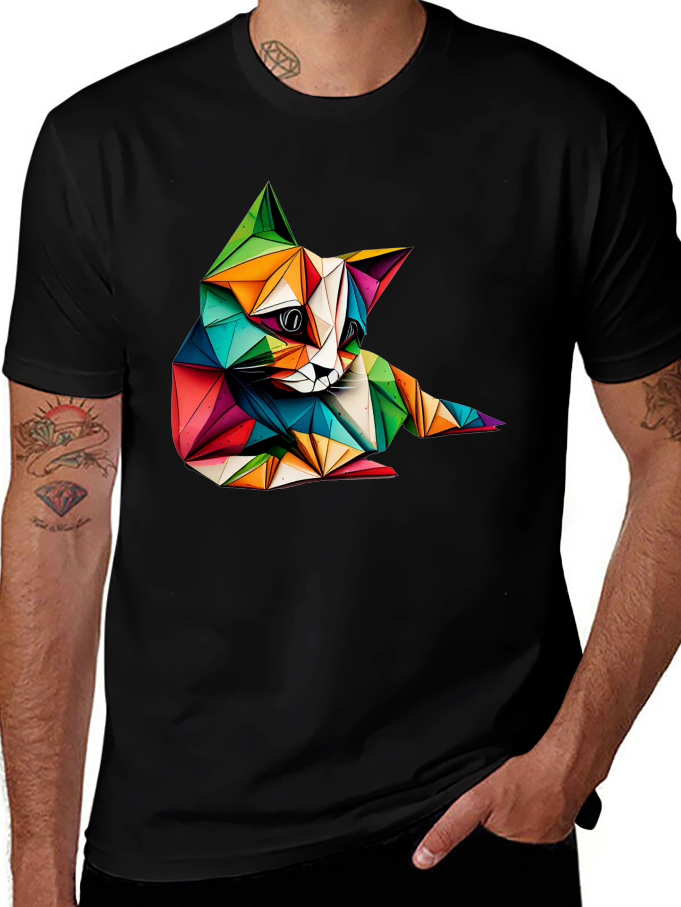 Geometric Cat Print Black T-Shirt