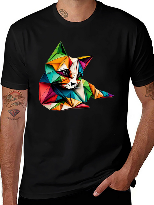 Geometric Cat Print Black T-Shirt