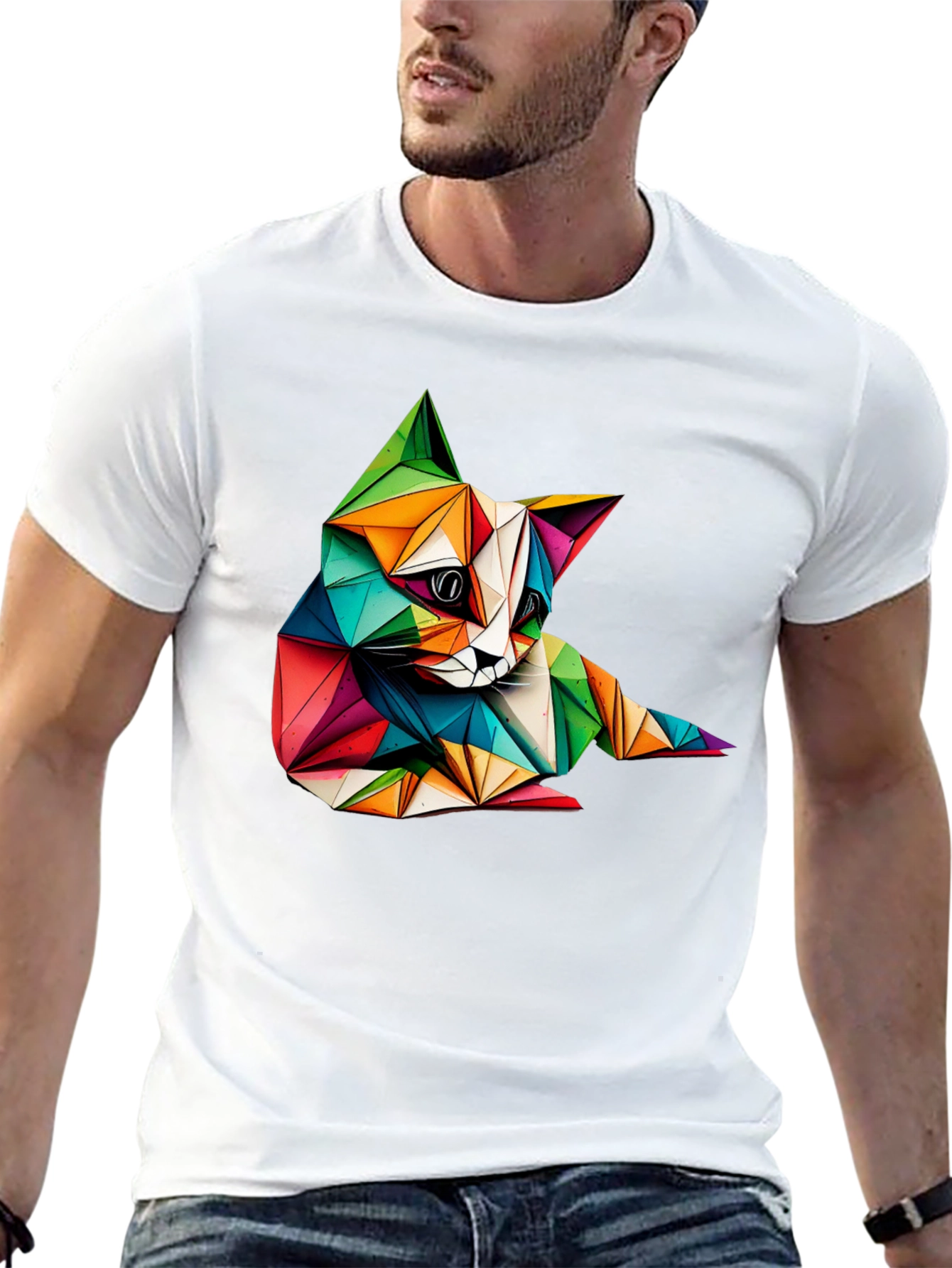 Geometric Cat Print Black T-Shirt
