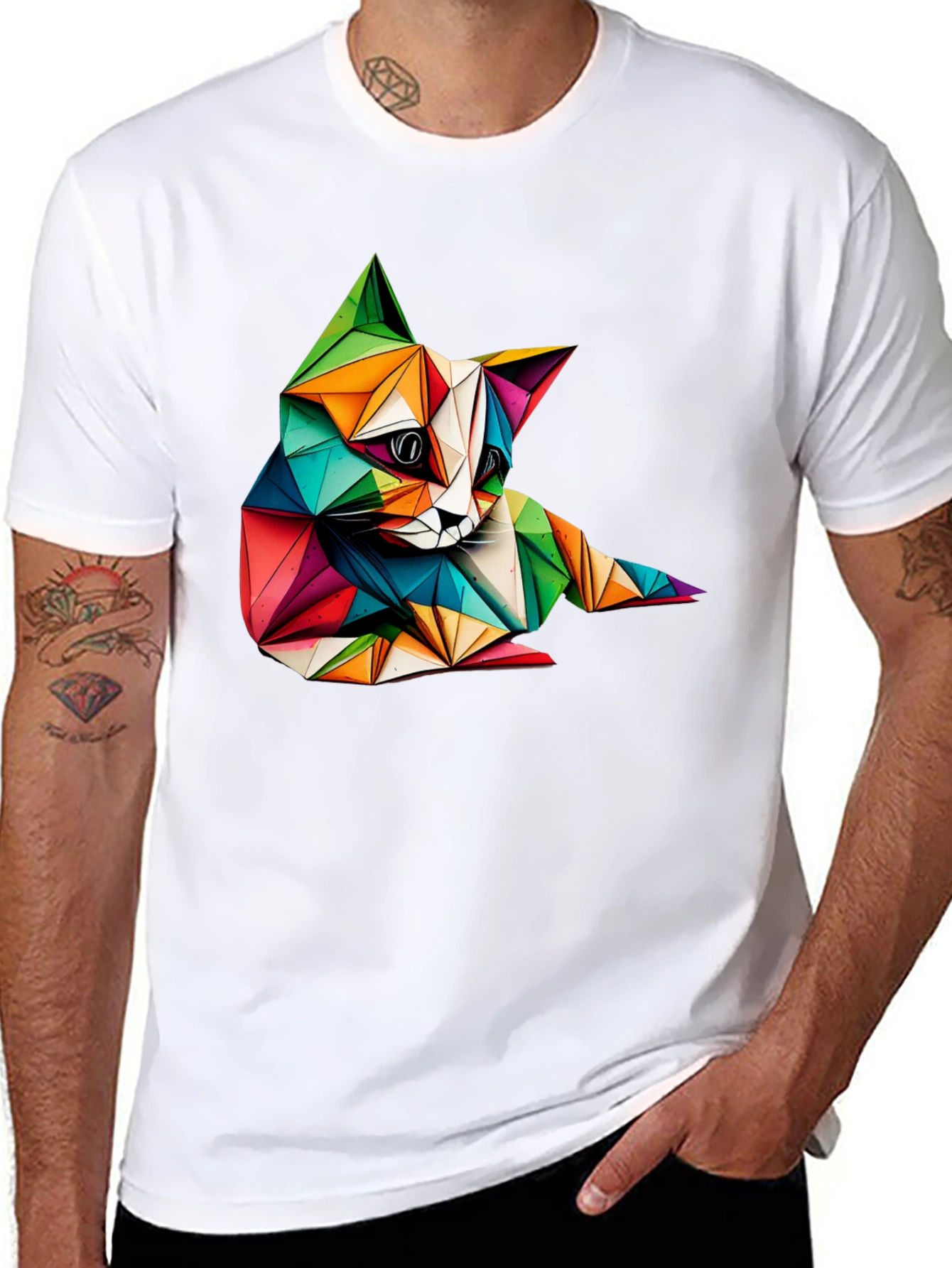 Geometric Cat Print Black T-Shirt