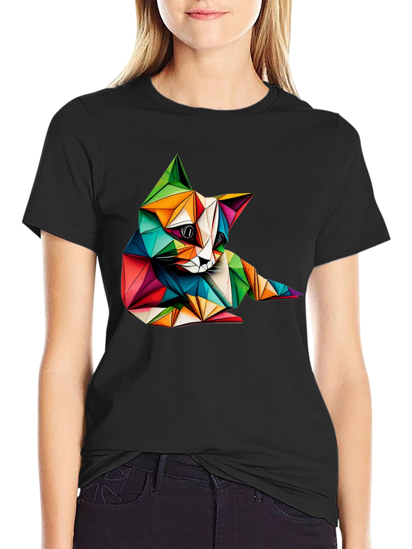 Geometric Cat Print Black T-Shirt