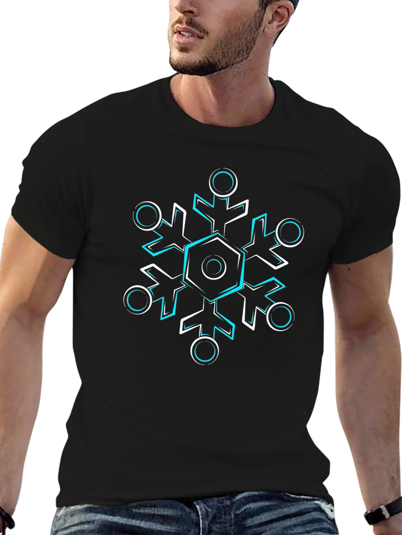Geometric Snowflake Graphic Black T-Shirt