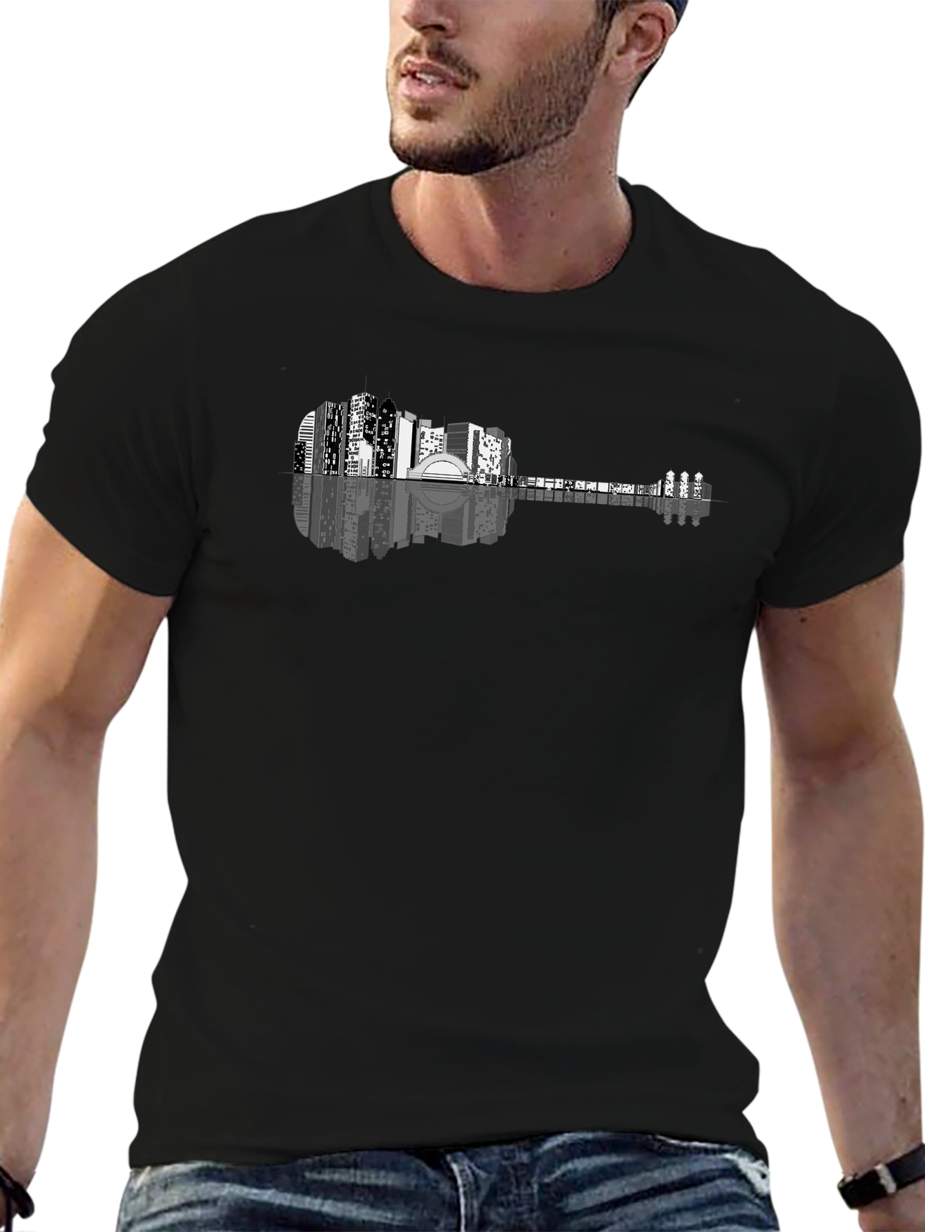 Cityscape Guitar Graphic T-Shirt - Mens Black Tee