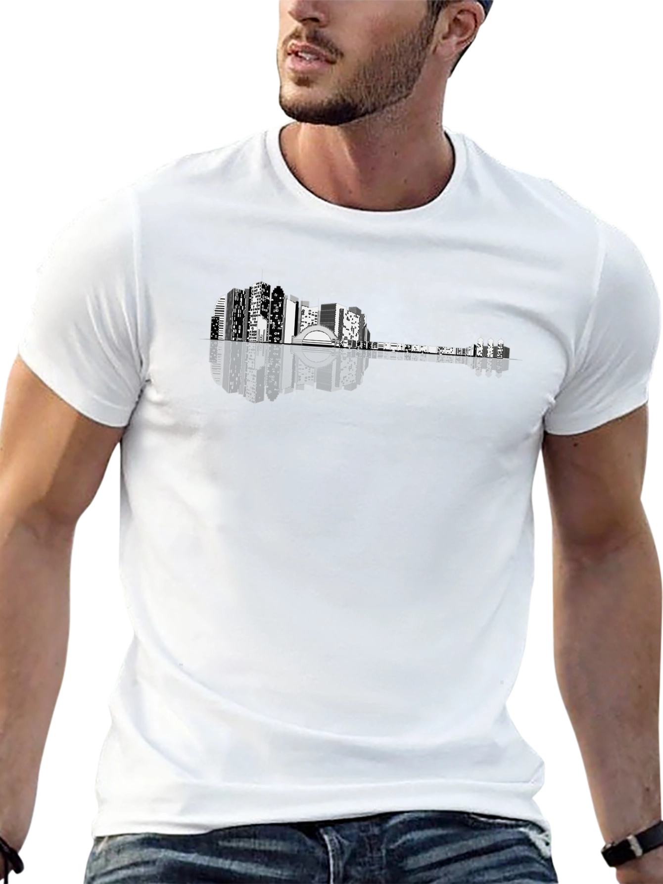 Cityscape Guitar Graphic T-Shirt - Mens Black Tee