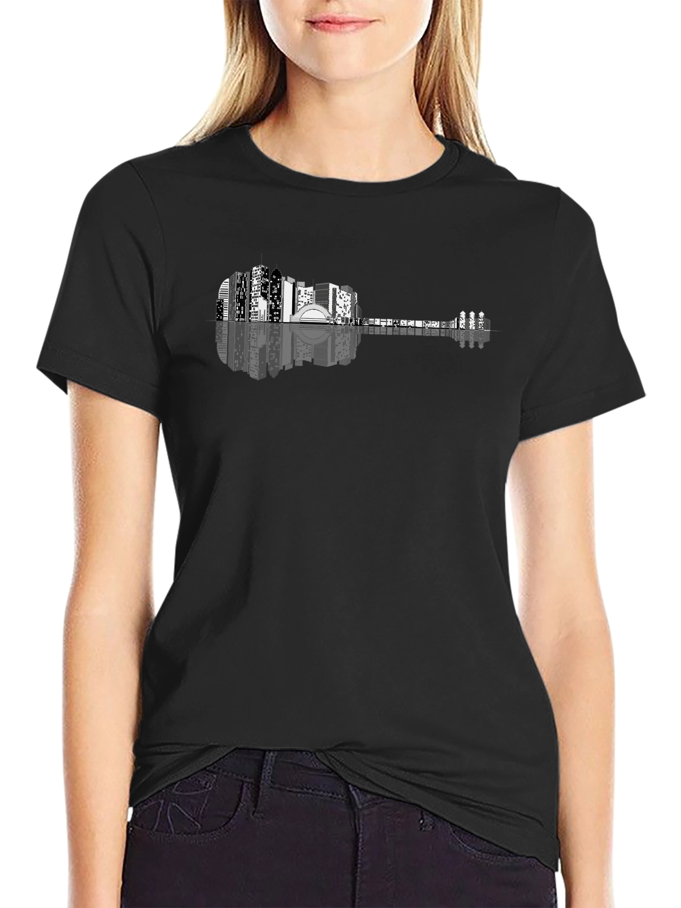 Cityscape Guitar Graphic T-Shirt - Mens Black Tee