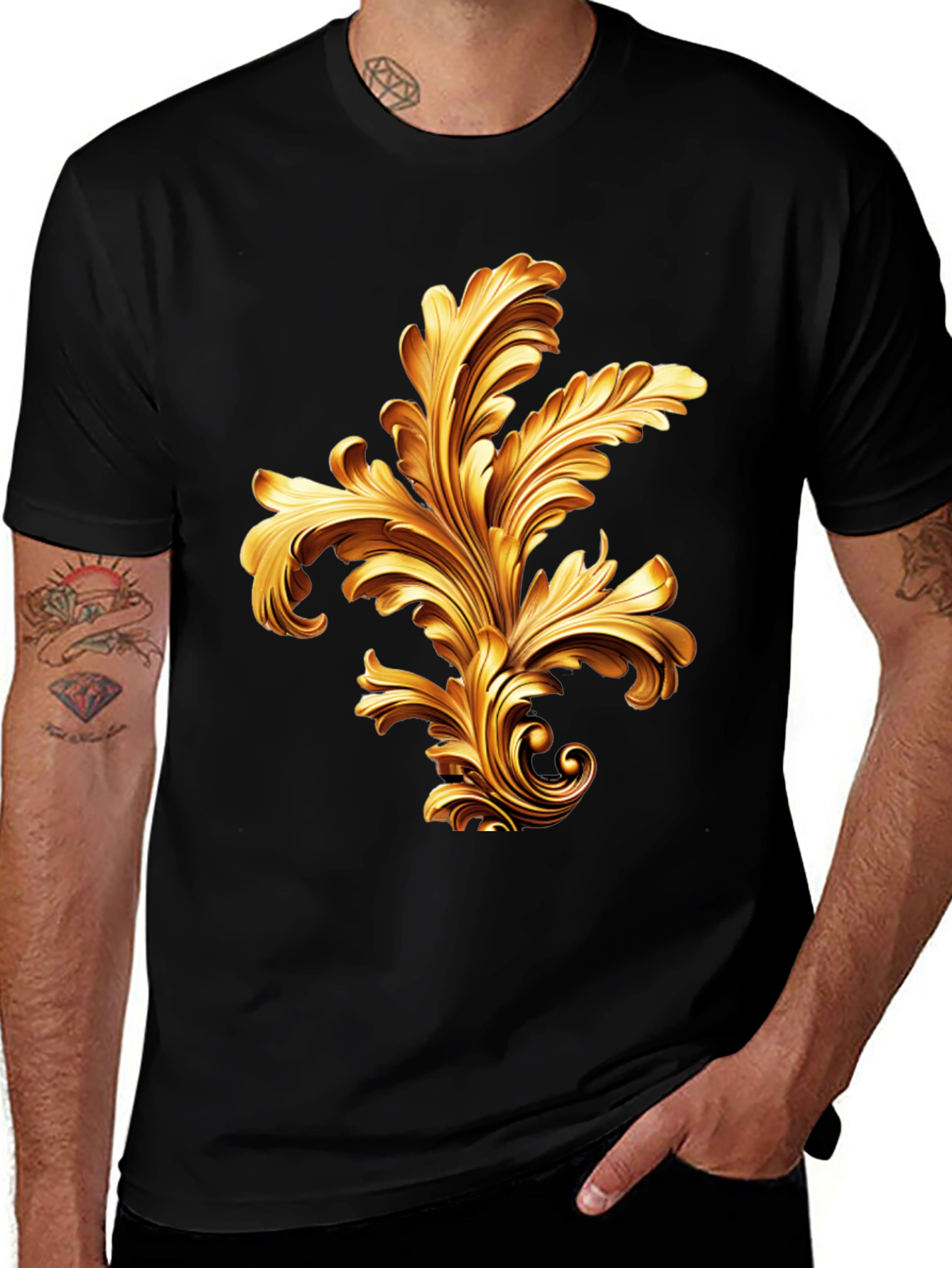 Elegant Black T-Shirt with Golden Baroque Design