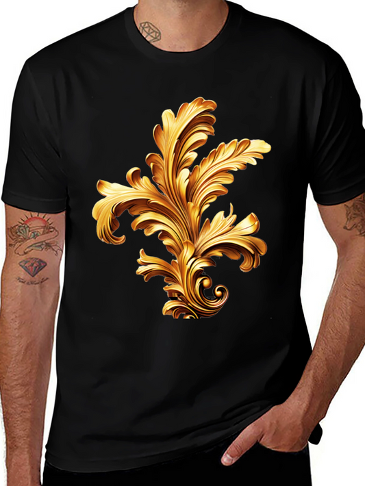 Elegant Black T-Shirt with Golden Baroque Design