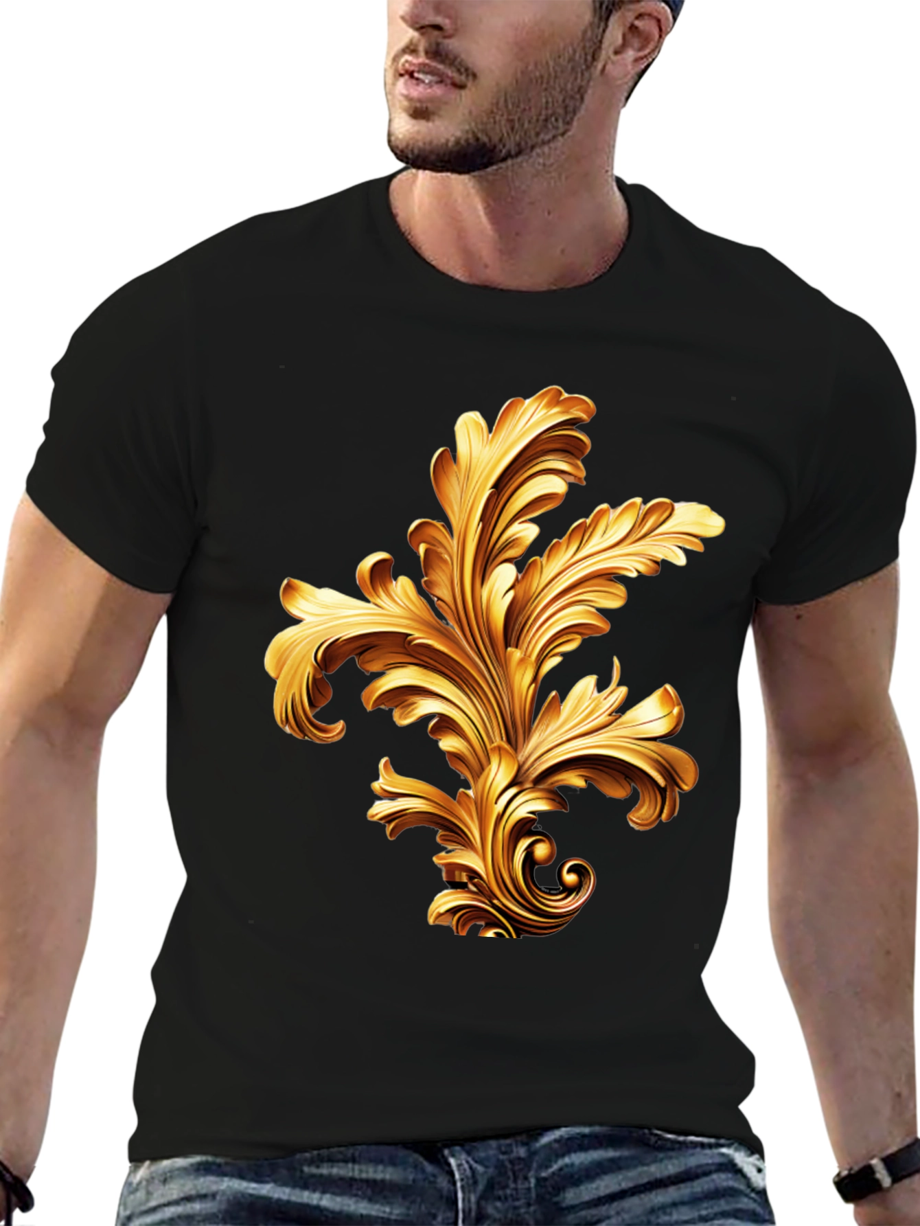 Elegant Black T-Shirt with Golden Baroque Design