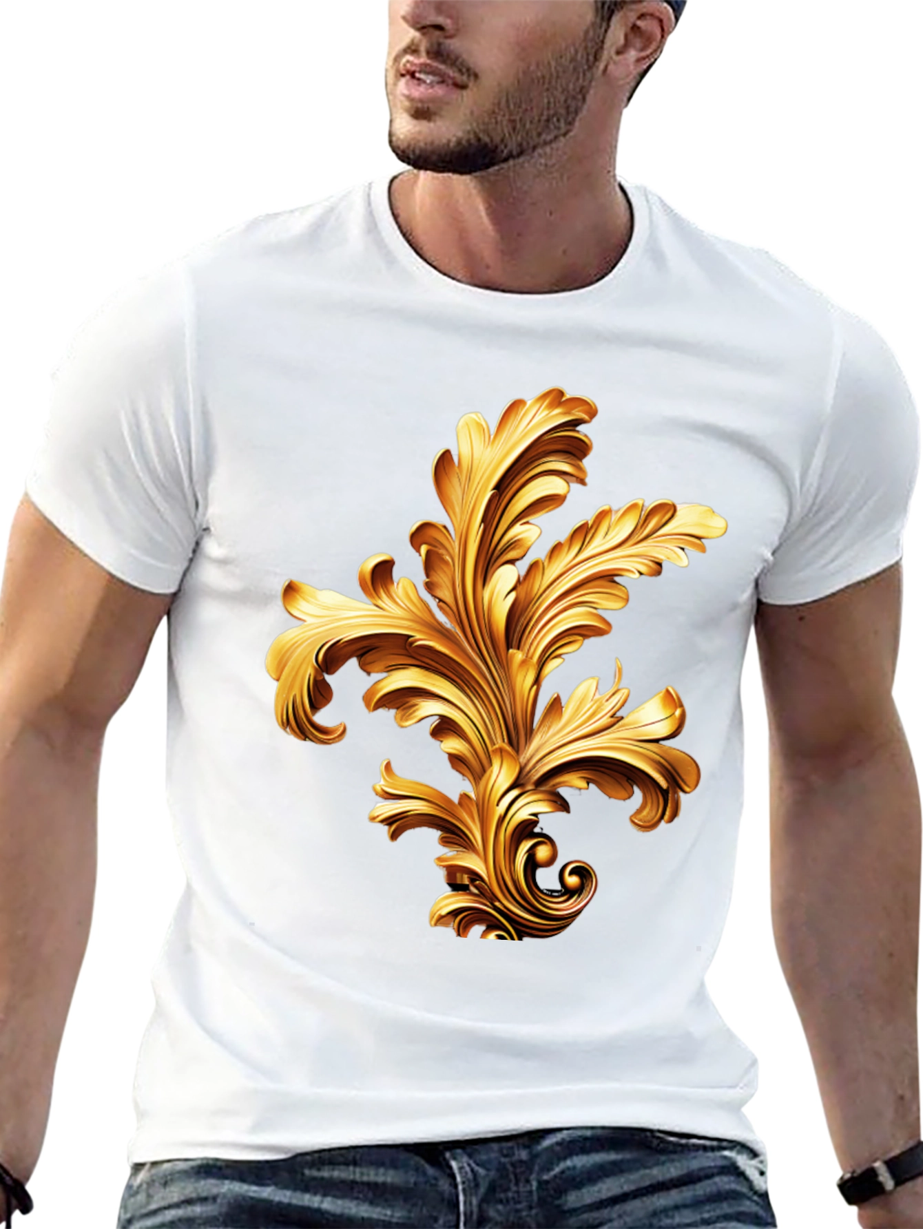 Elegant Black T-Shirt with Golden Baroque Design
