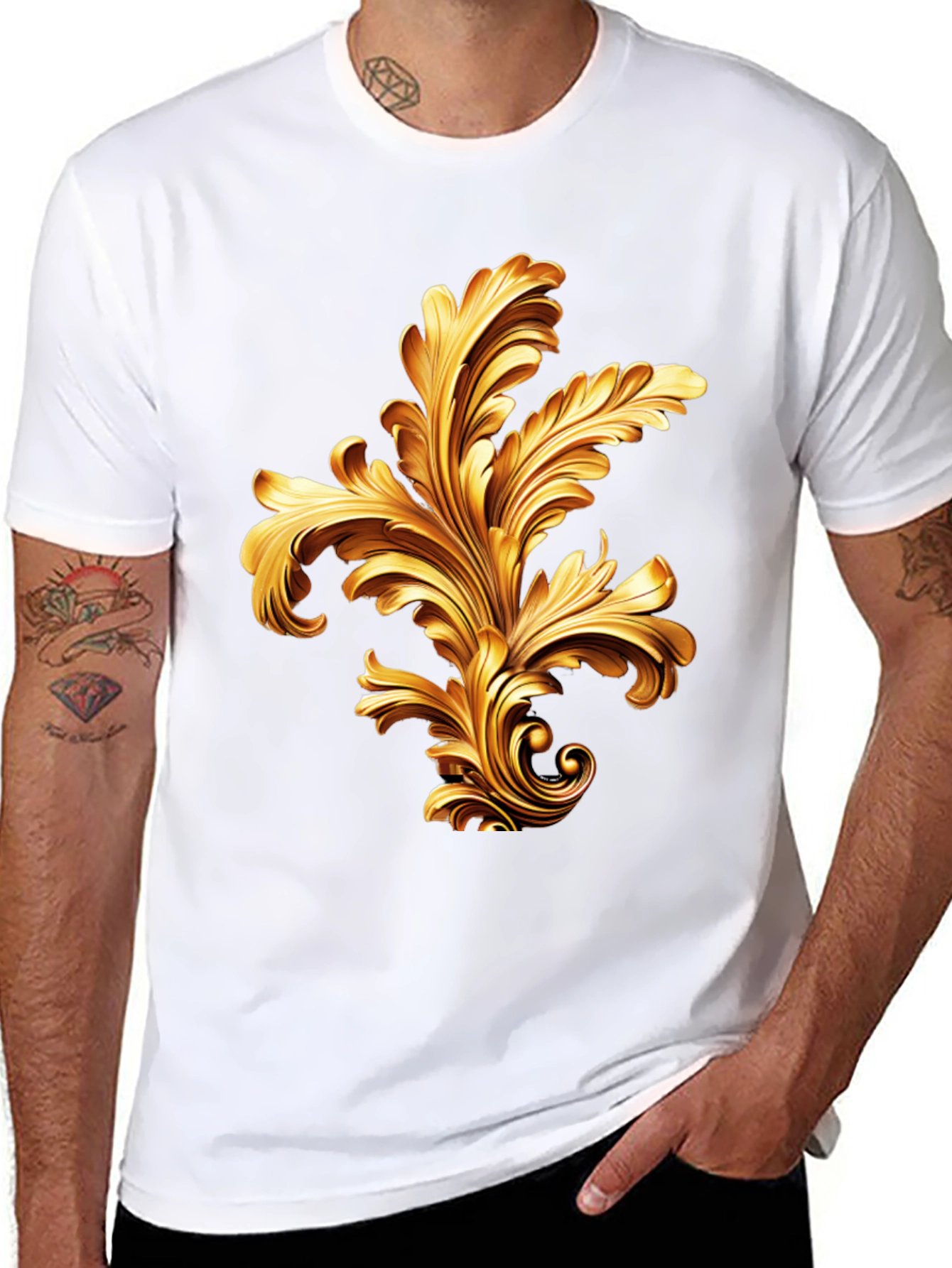 Elegant Black T-Shirt with Golden Baroque Design