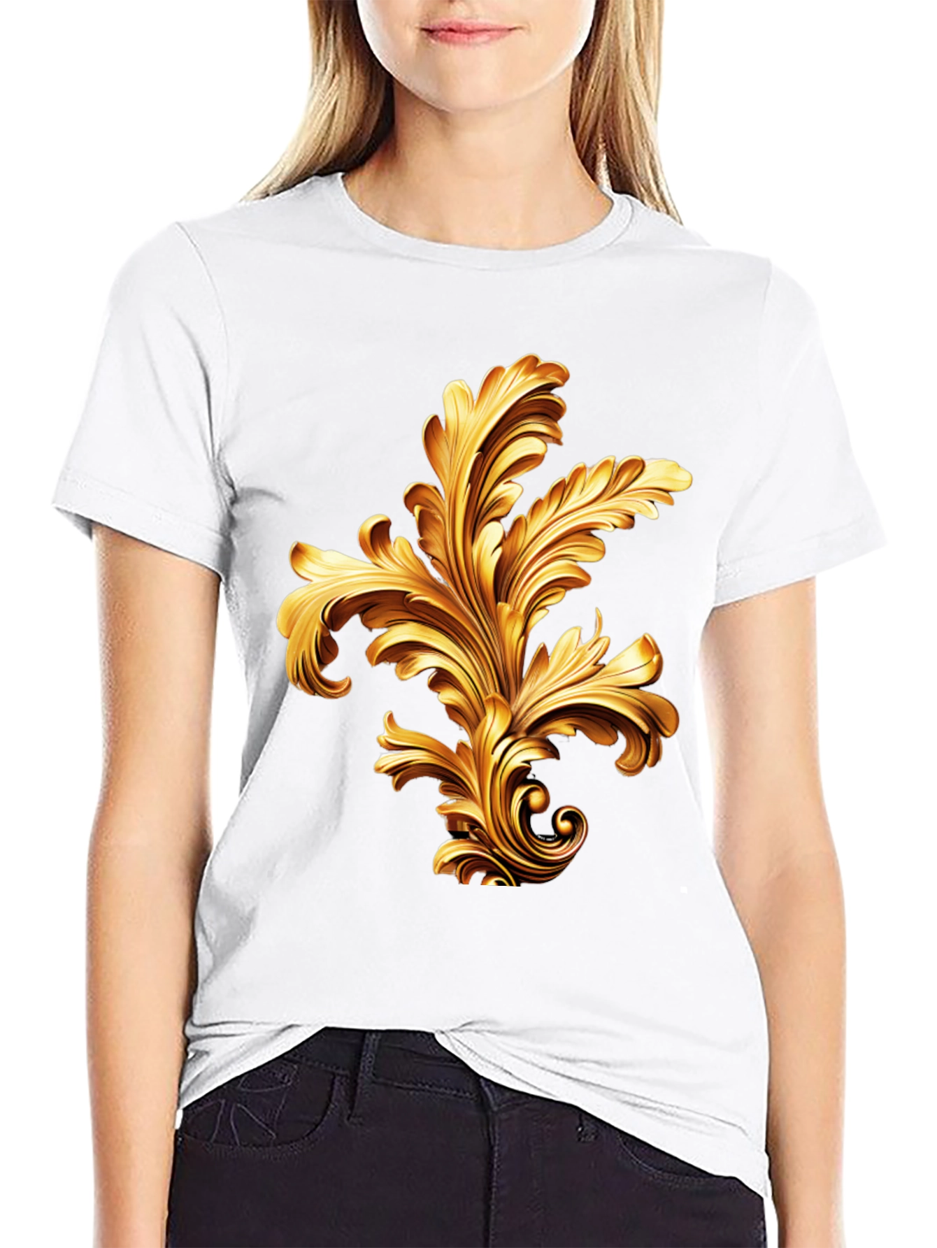 Elegant Black T-Shirt with Golden Baroque Design
