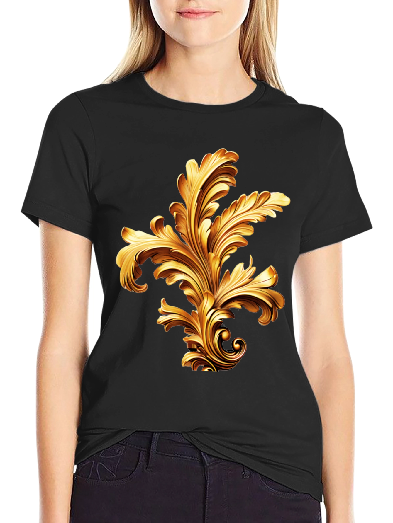 Elegant Black T-Shirt with Golden Baroque Design