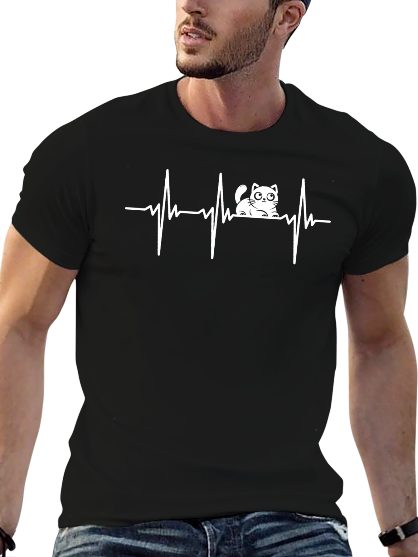 Cat Heartbeat Graphic T-Shirt - Black Cotton Blend