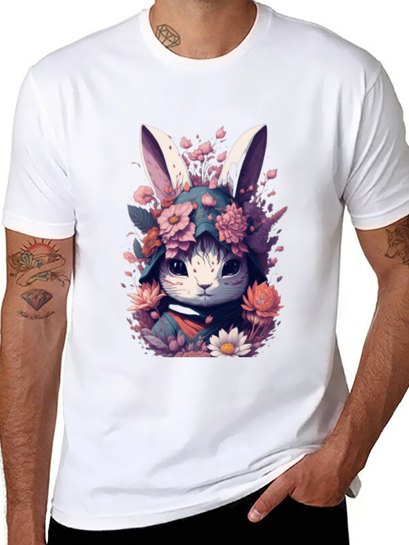 Floral Bunny Graphic Tee - Black