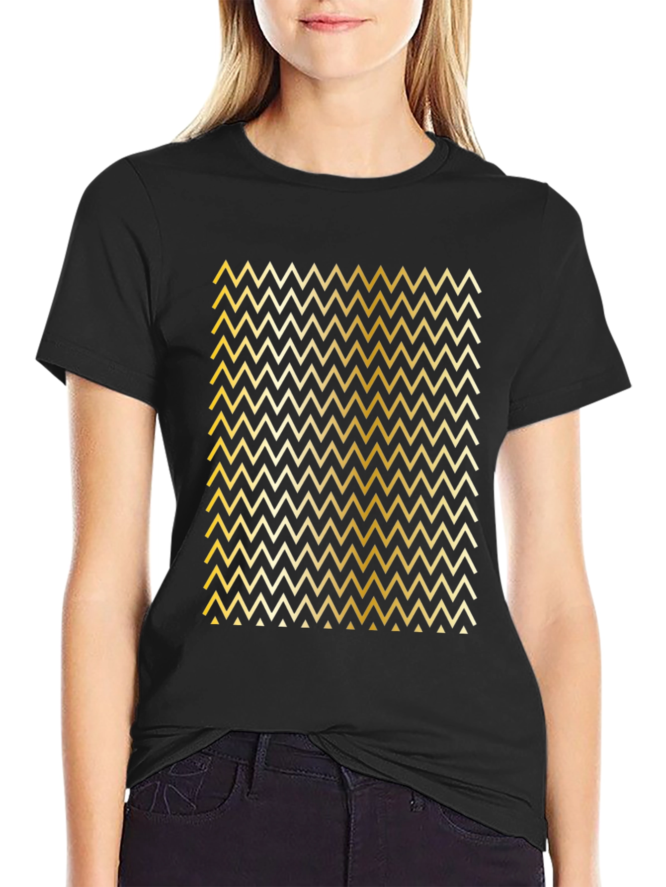 Gold Chevron Pattern Black T-Shirt