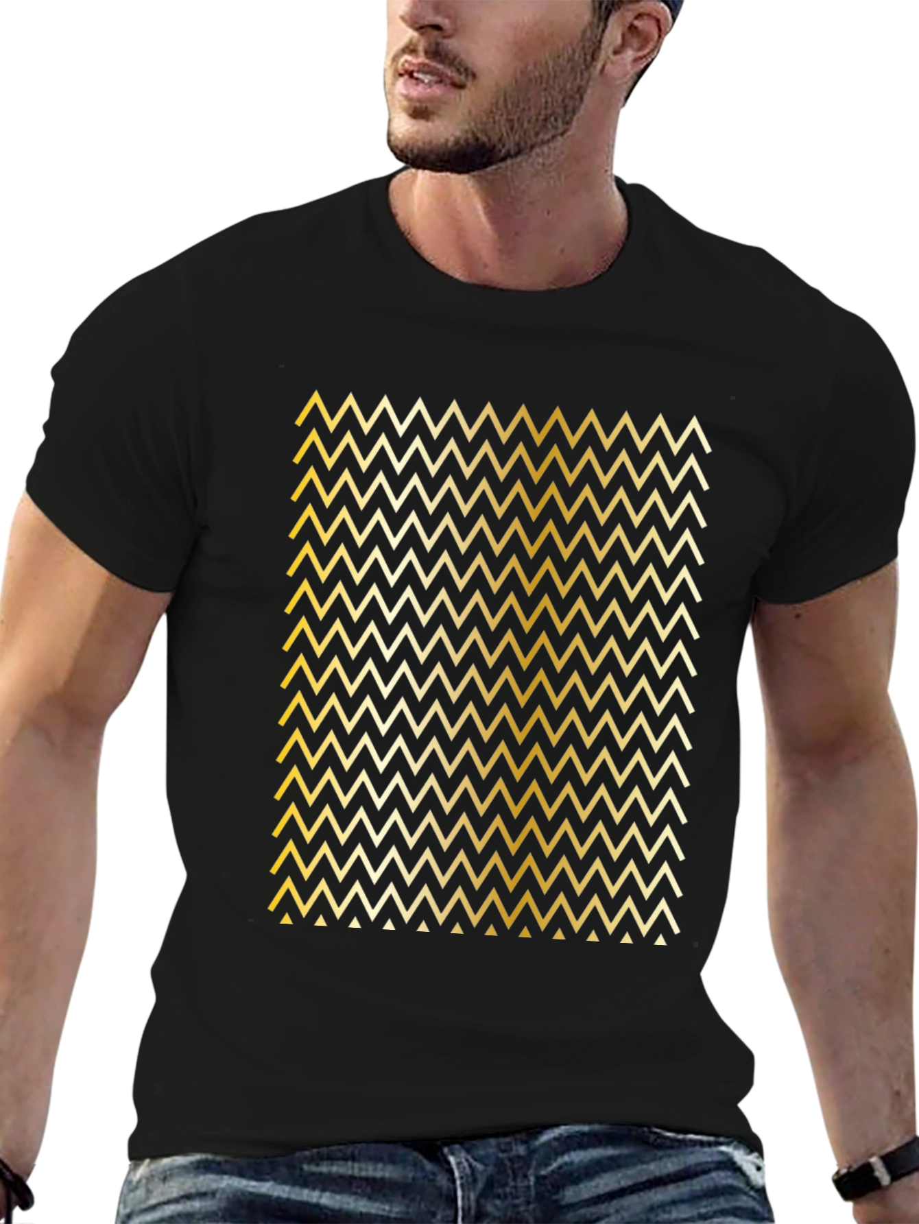 Gold Chevron Pattern Black T-Shirt