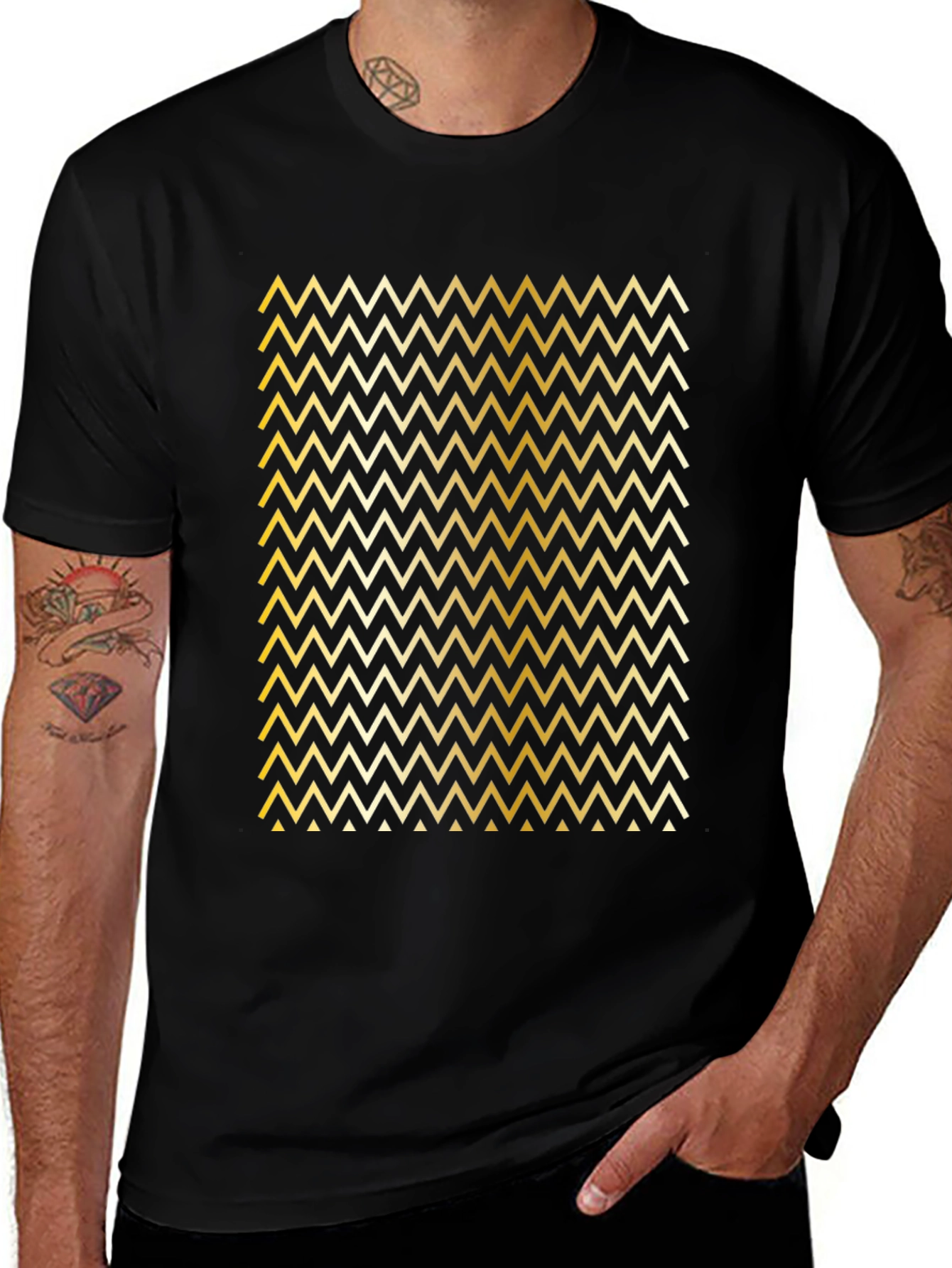 Gold Chevron Pattern Black T-Shirt