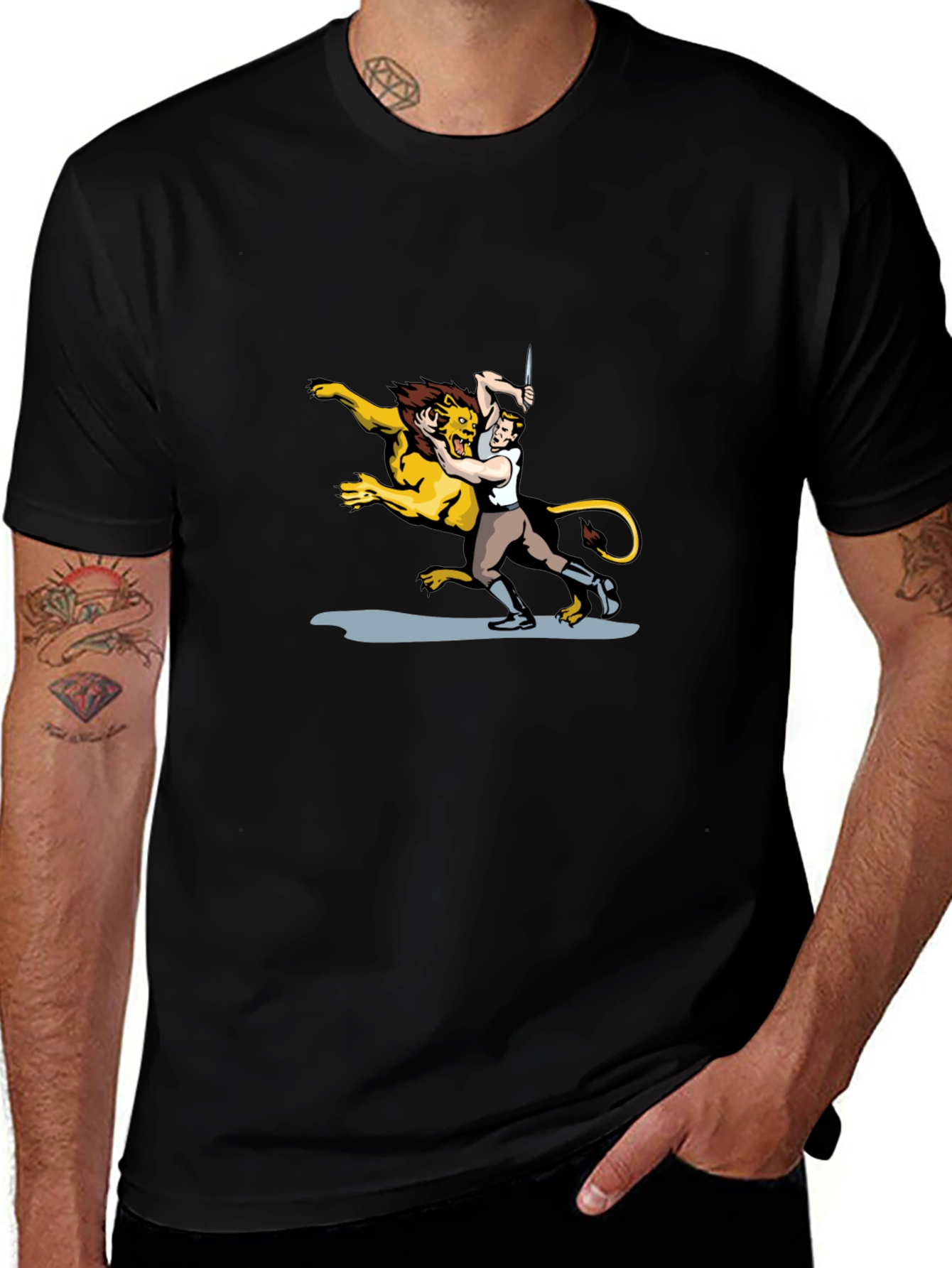 Lion Wrestler Graphic Tee - Classic Black T-Shirt