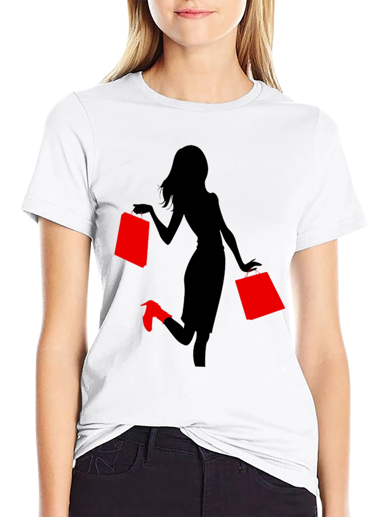 Stylish Woman Shopping Graphic Tee - Black