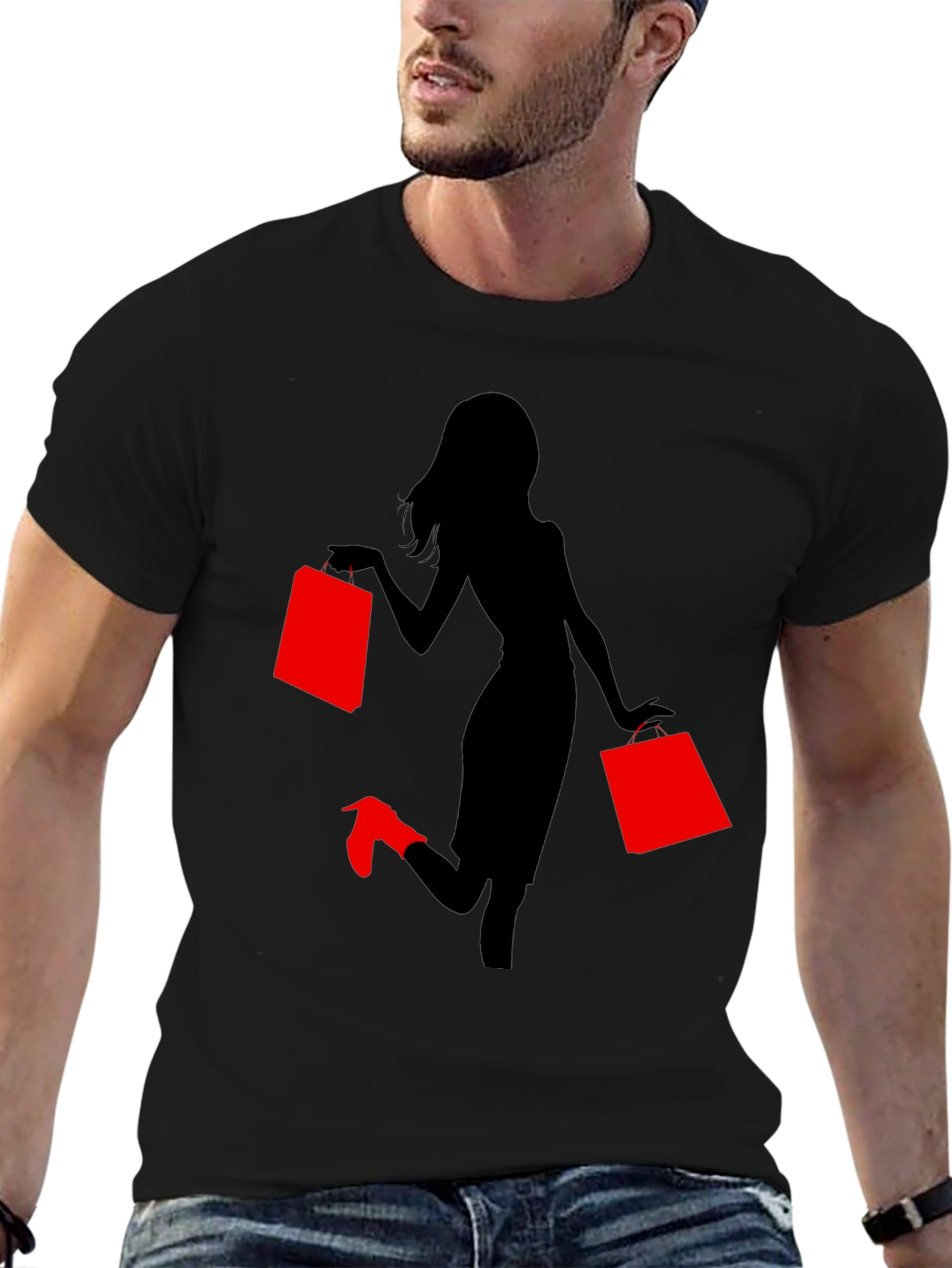 Stylish Woman Shopping Graphic Tee - Black