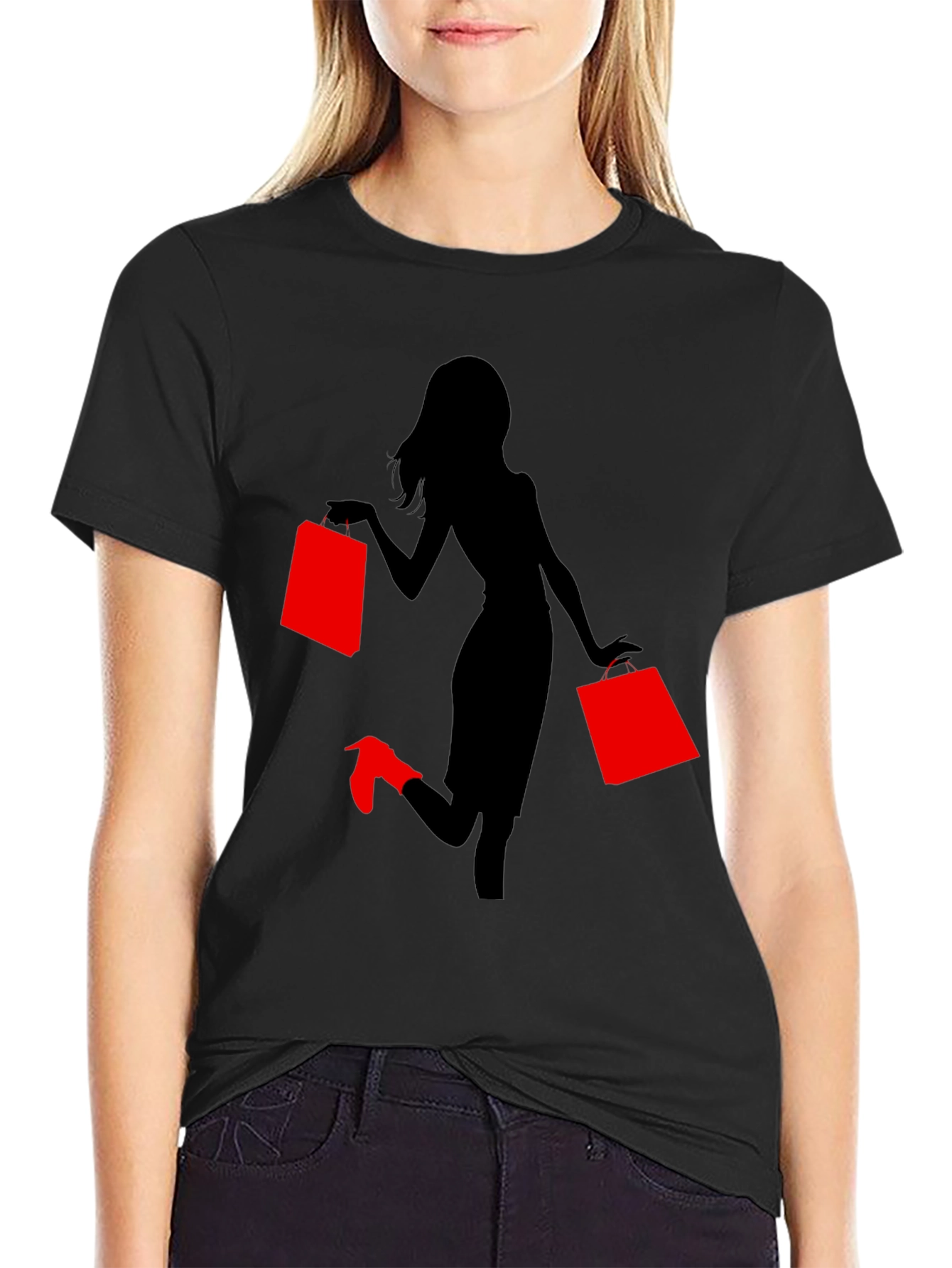 Stylish Woman Shopping Graphic Tee - Black