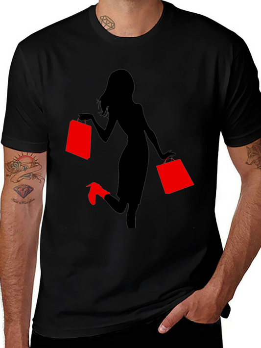 Stylish Woman Shopping Graphic Tee - Black