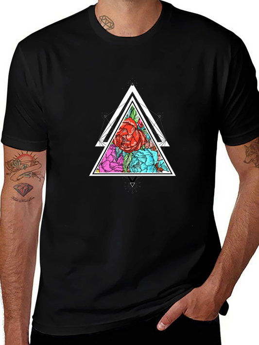Floral Triangle Graphic Tee - Trendy Mens Black T-Shirt