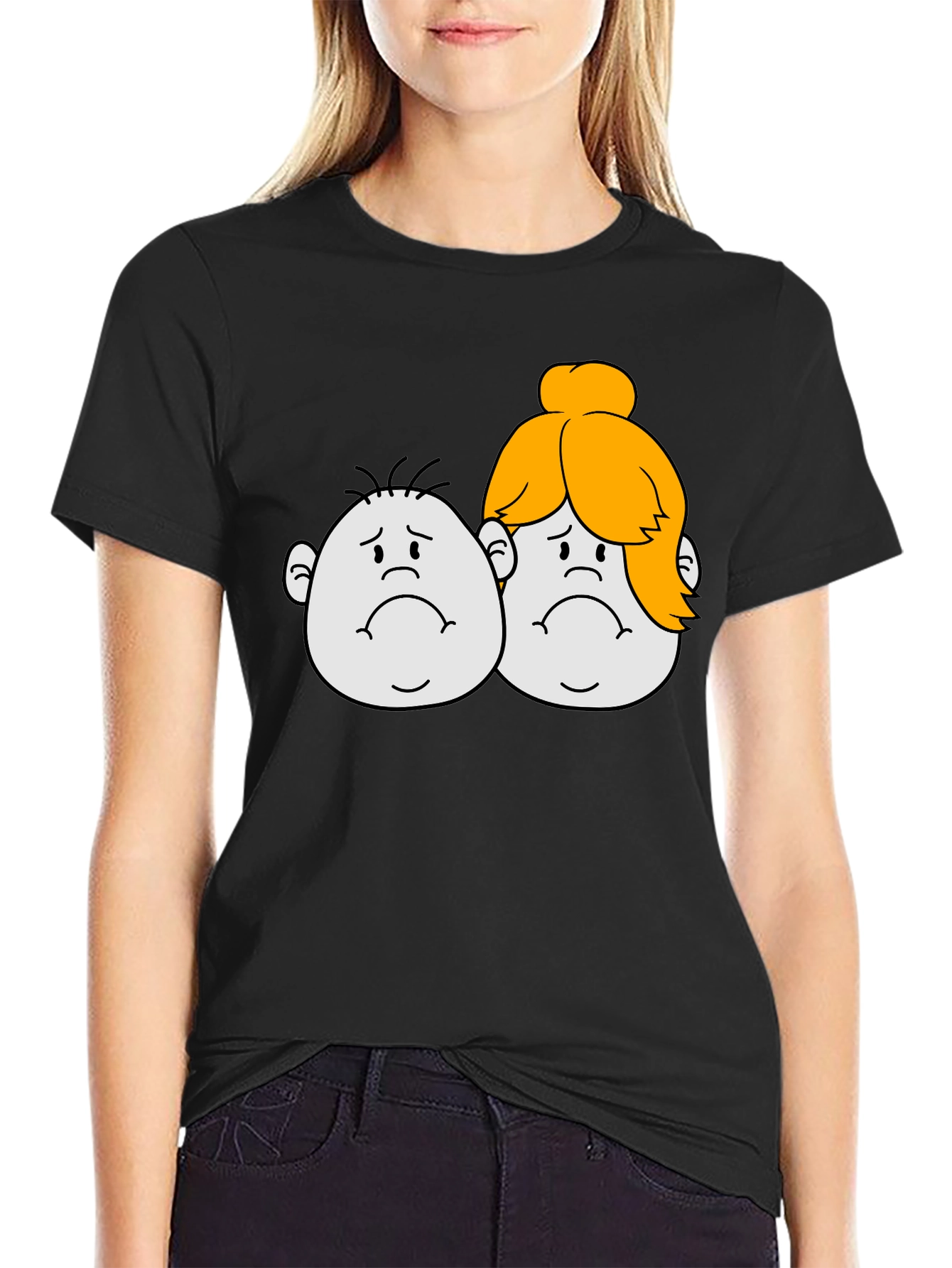Sad Cartoon Couple Black T-Shirt