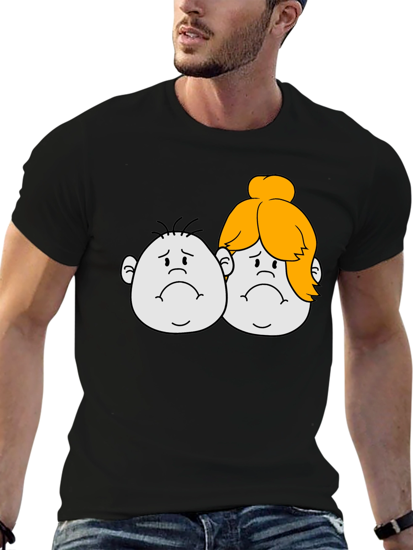 Sad Cartoon Couple Black T-Shirt