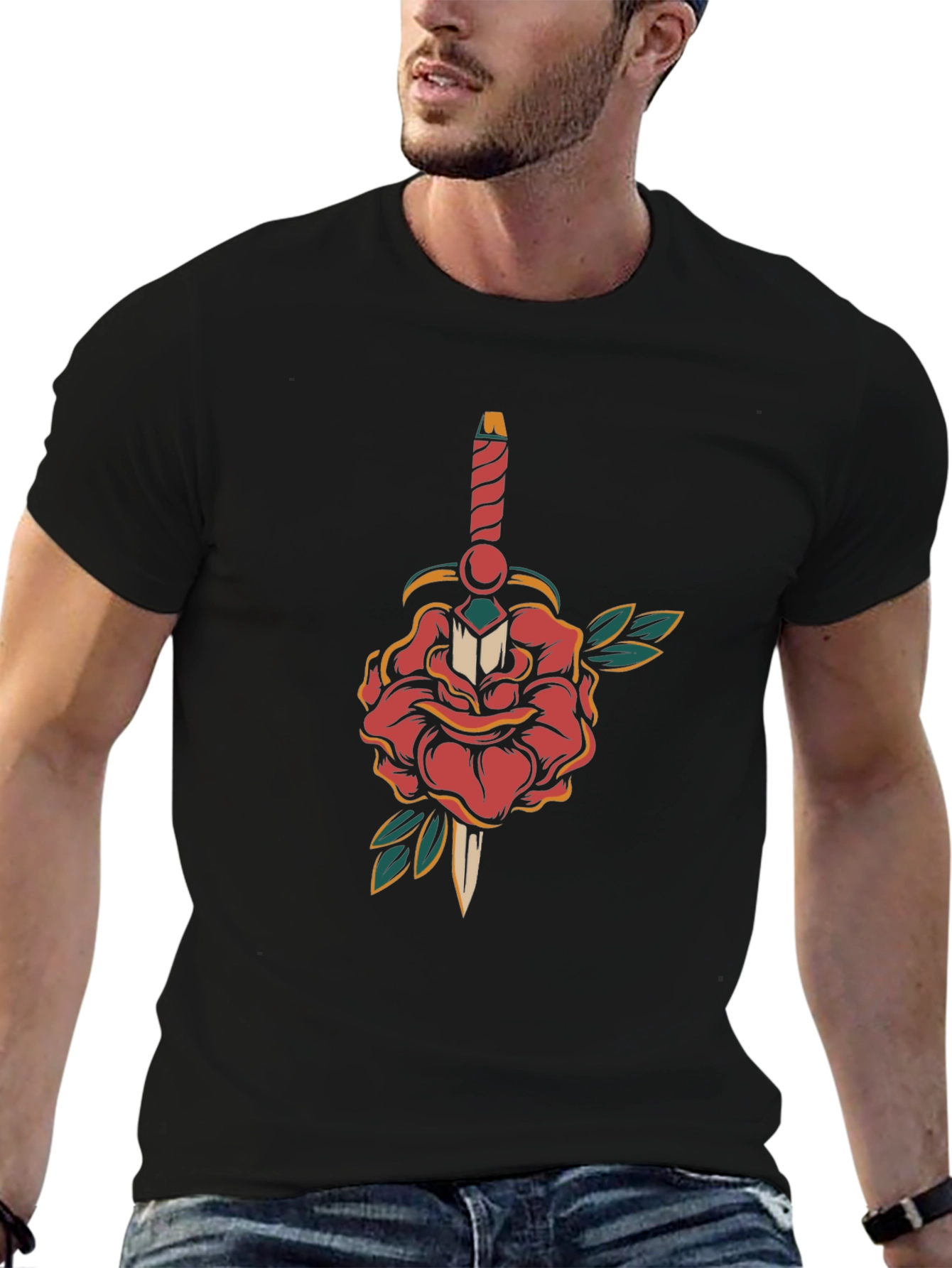 Rose & Dagger Graphic Tee - Classic Tattoo Style