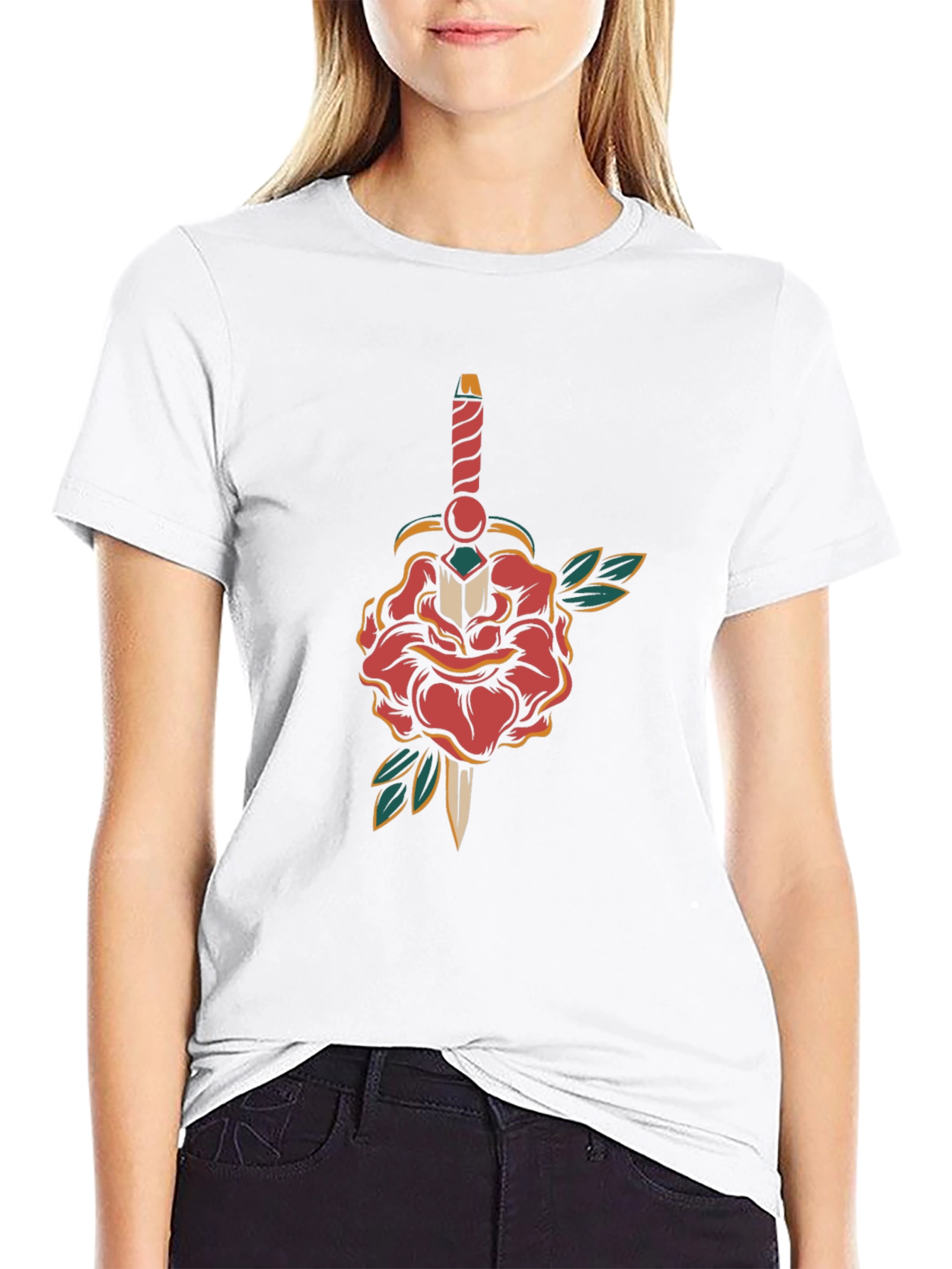 Rose & Dagger Graphic Tee - Classic Tattoo Style