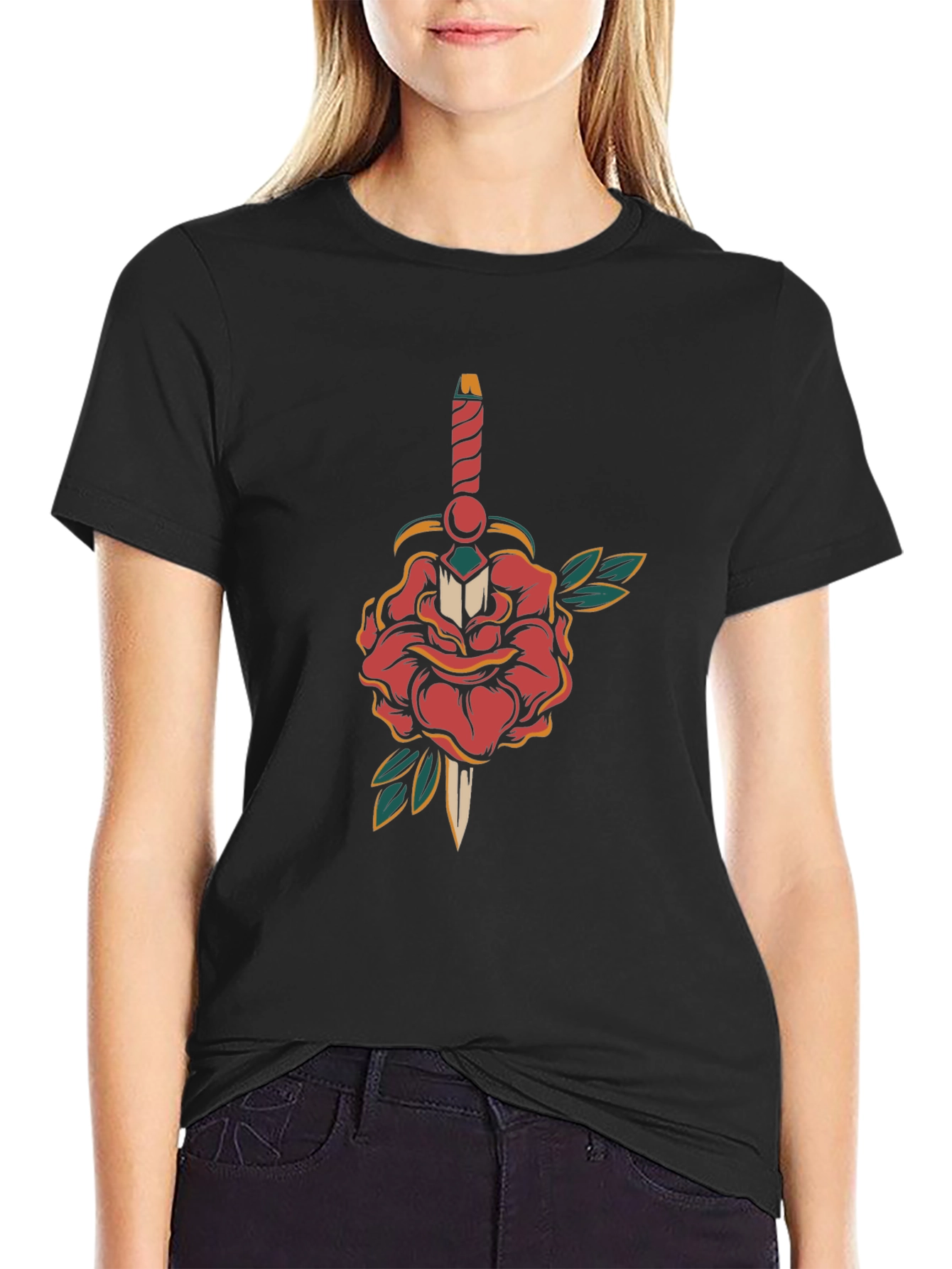 Rose & Dagger Graphic Tee - Classic Tattoo Style