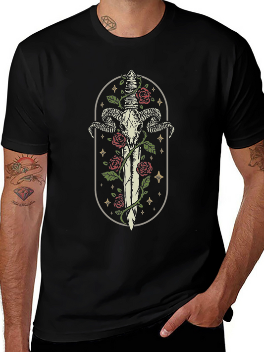 Ram Skull Sword T-Shirt - Gothic Style