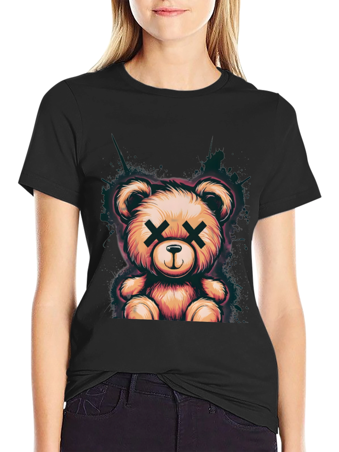 Teddy Bear Graphic Tee - Soft Black Cotton T-Shirt