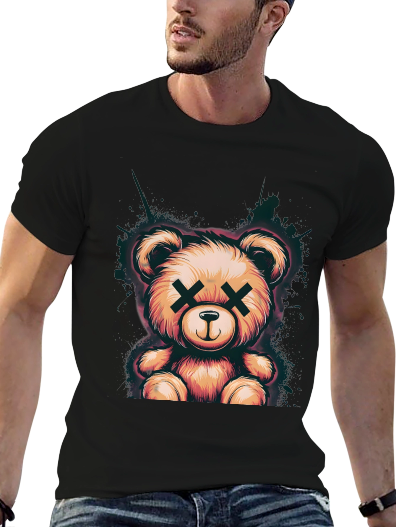 Teddy Bear Graphic Tee - Soft Black Cotton T-Shirt