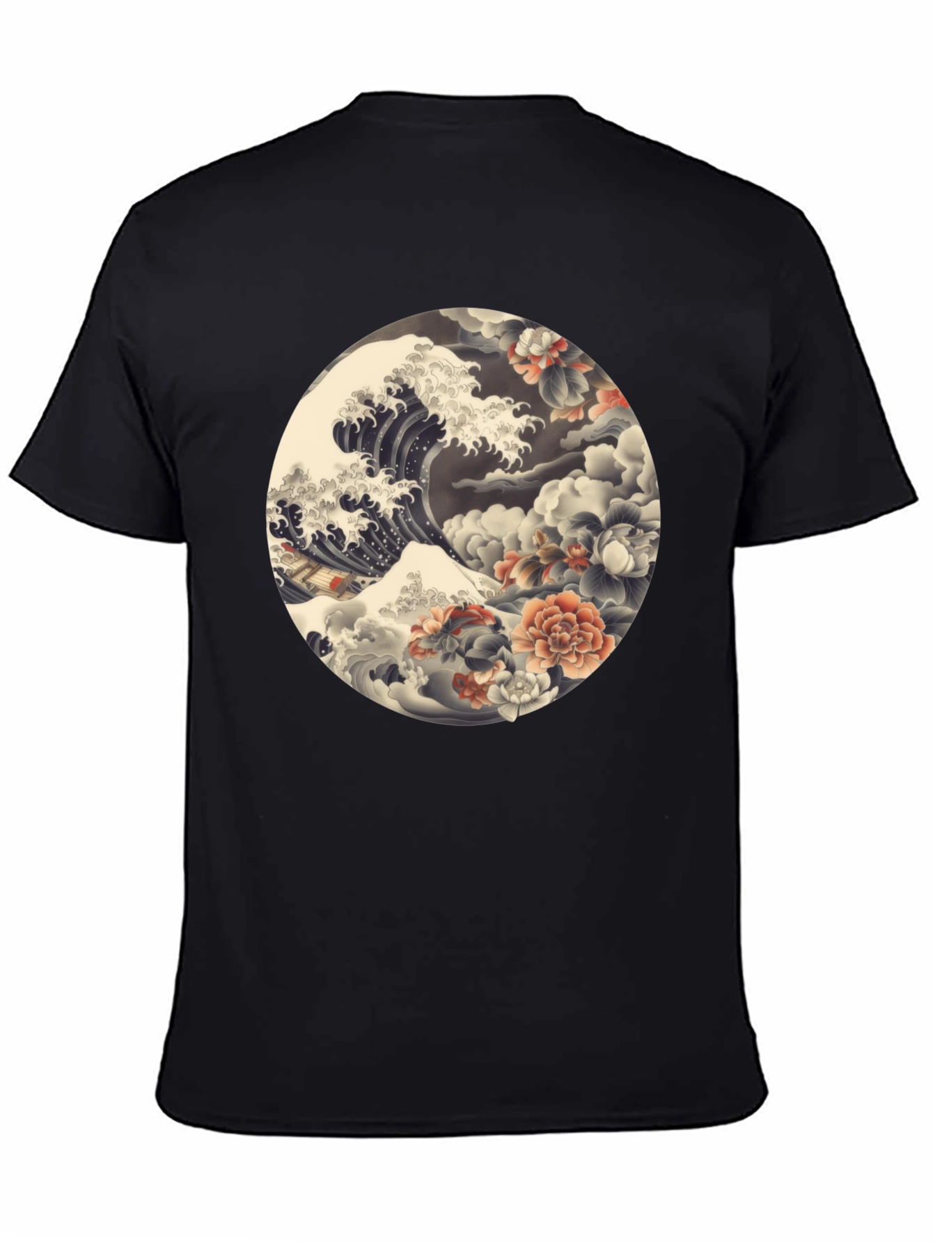 Ukiyo-e Wave and Floral Print Black T-Shirt