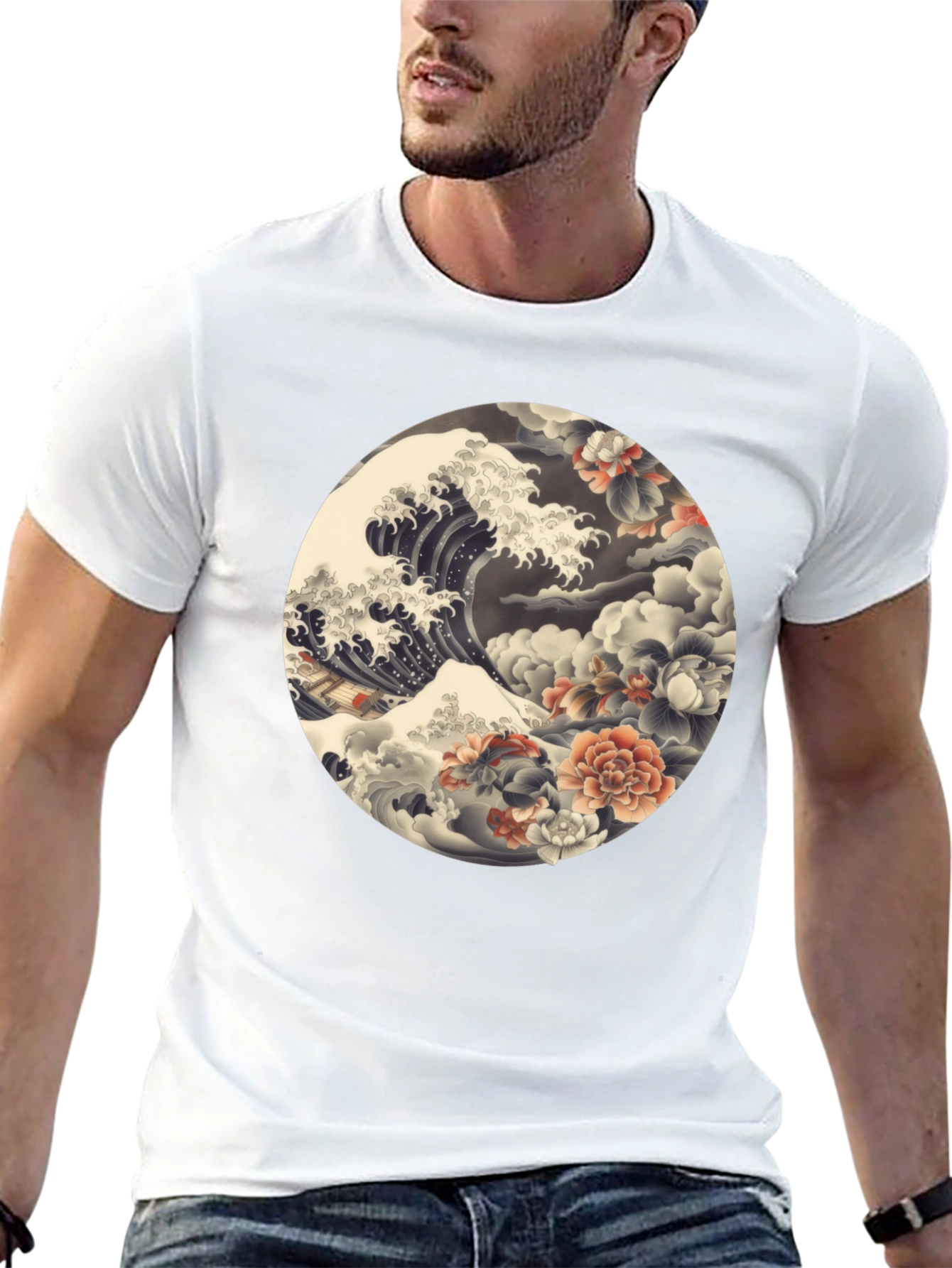 Ukiyo-e Wave and Floral Print Black T-Shirt