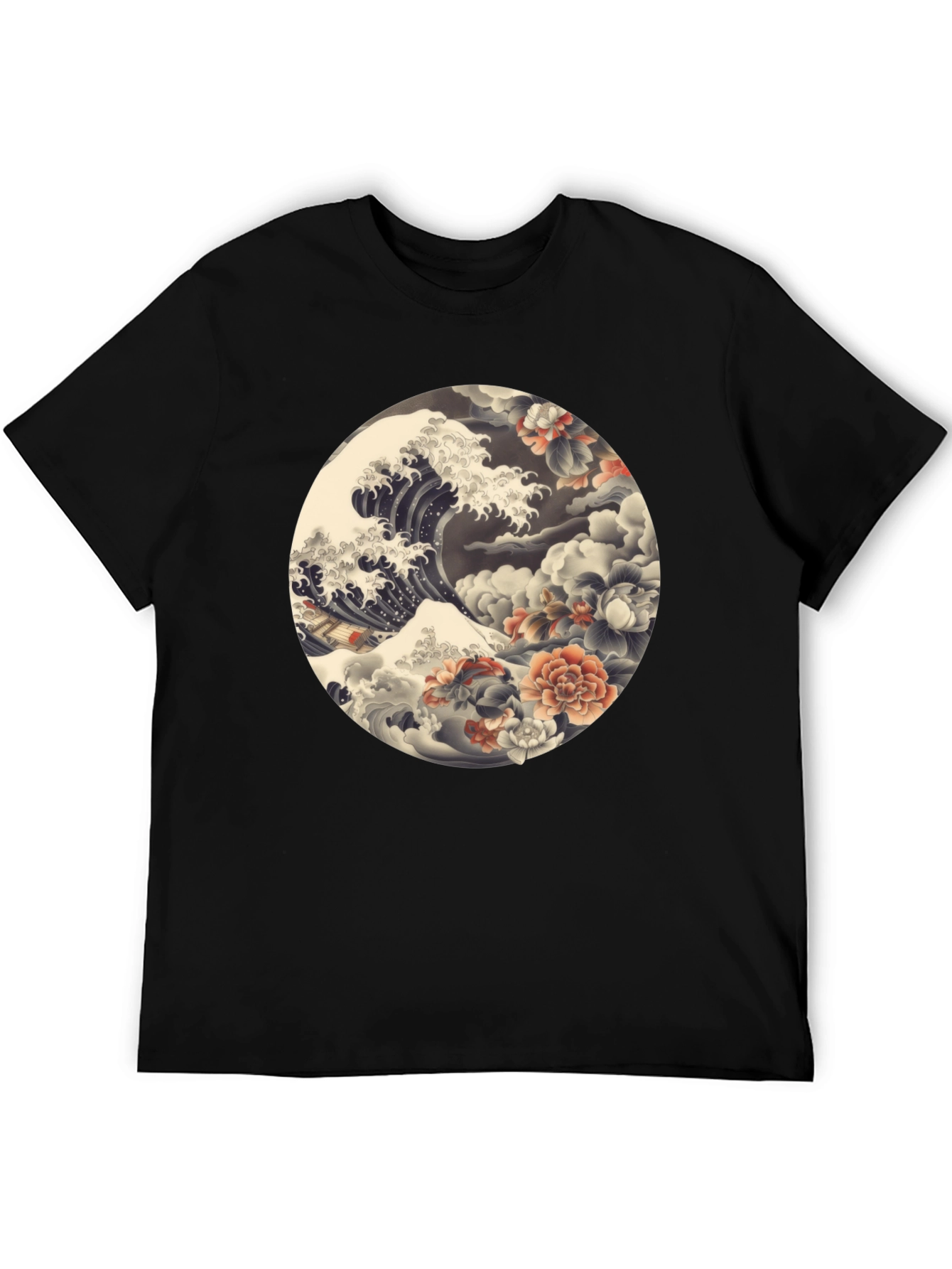 Ukiyo-e Wave and Floral Print Black T-Shirt