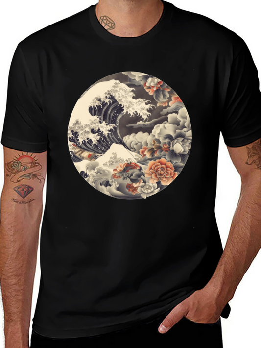 Ukiyo-e Wave and Floral Print Black T-Shirt