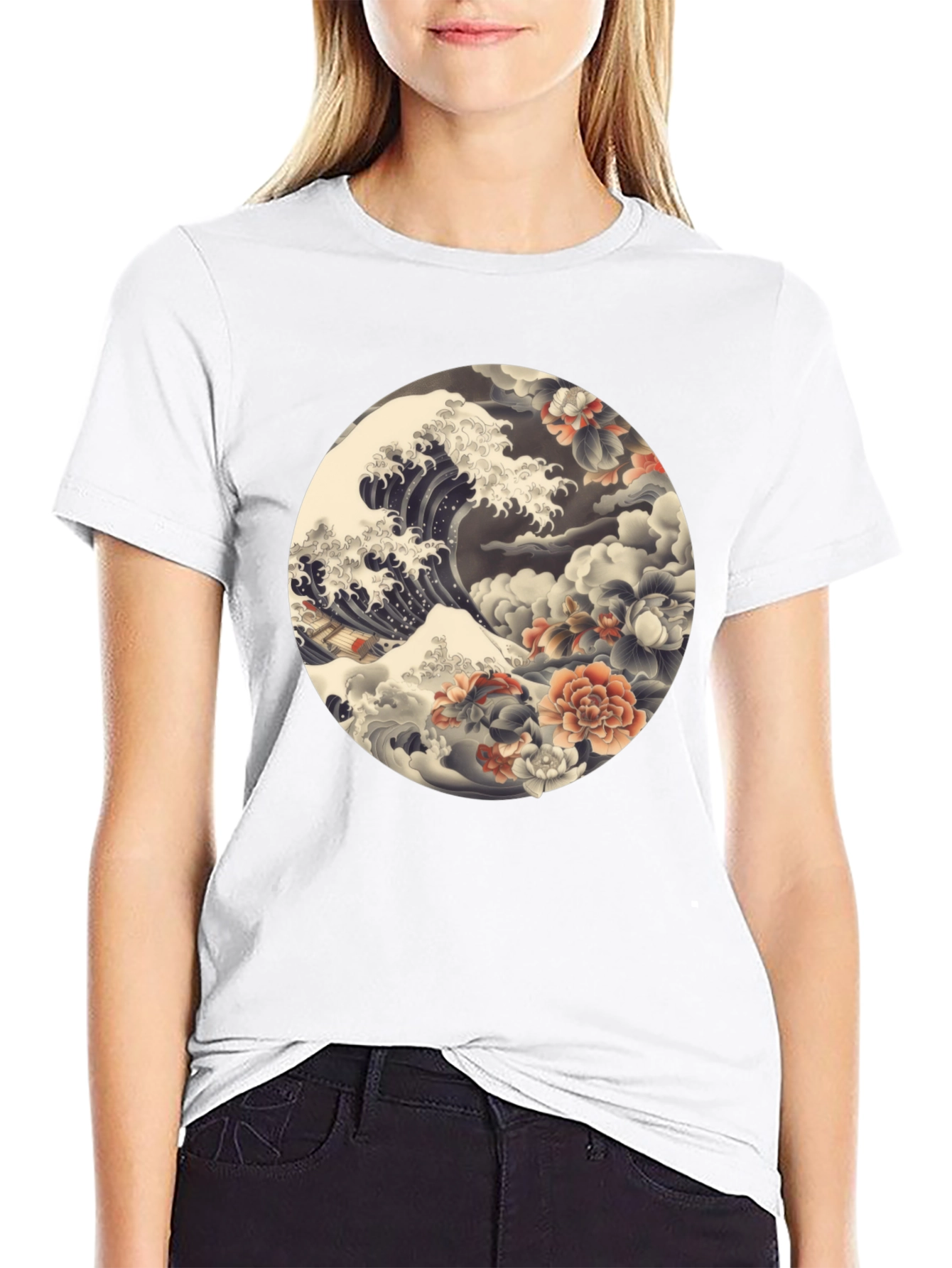 Ukiyo-e Wave and Floral Print Black T-Shirt