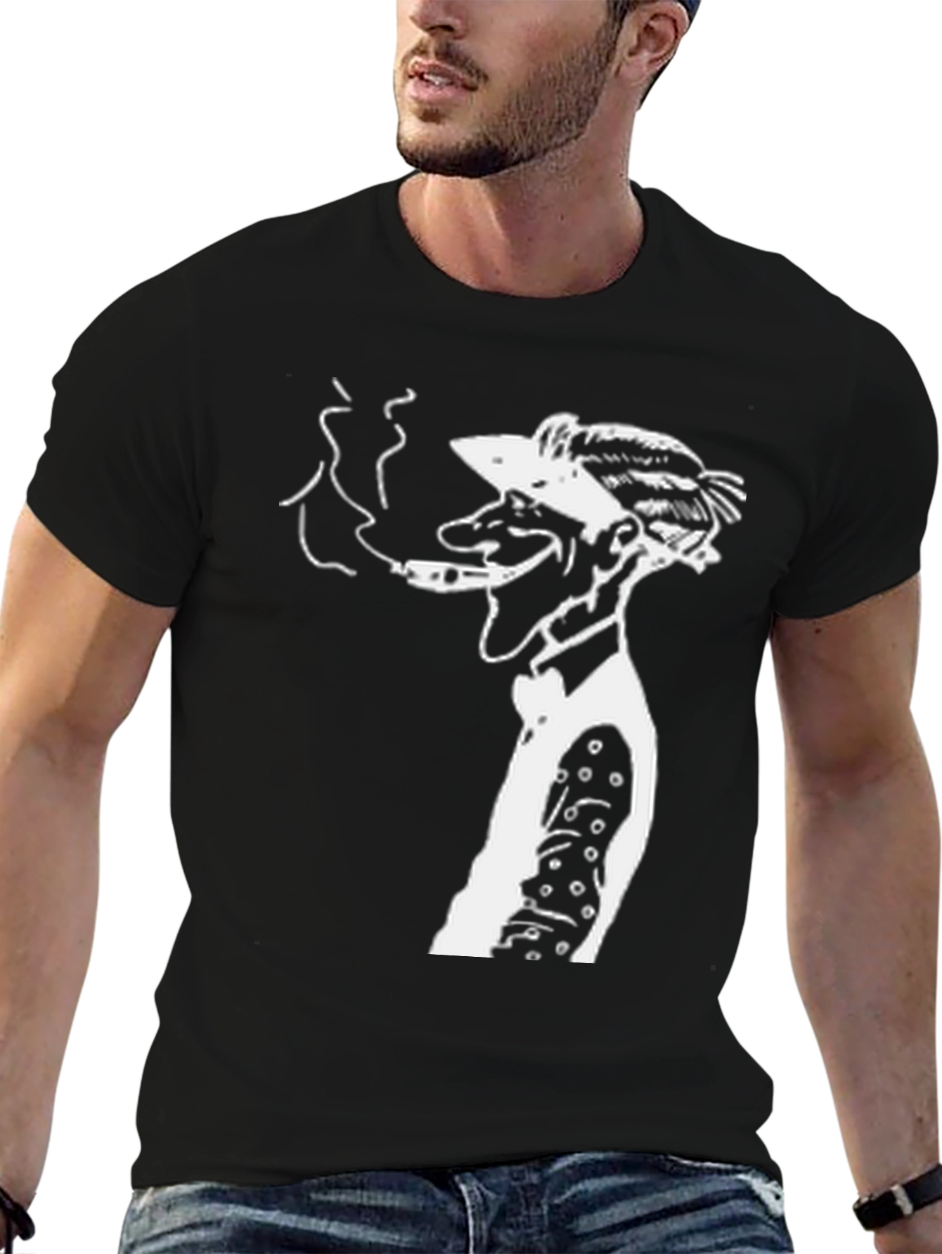 Retro Cartoon Man Smoking Black T-Shirt
