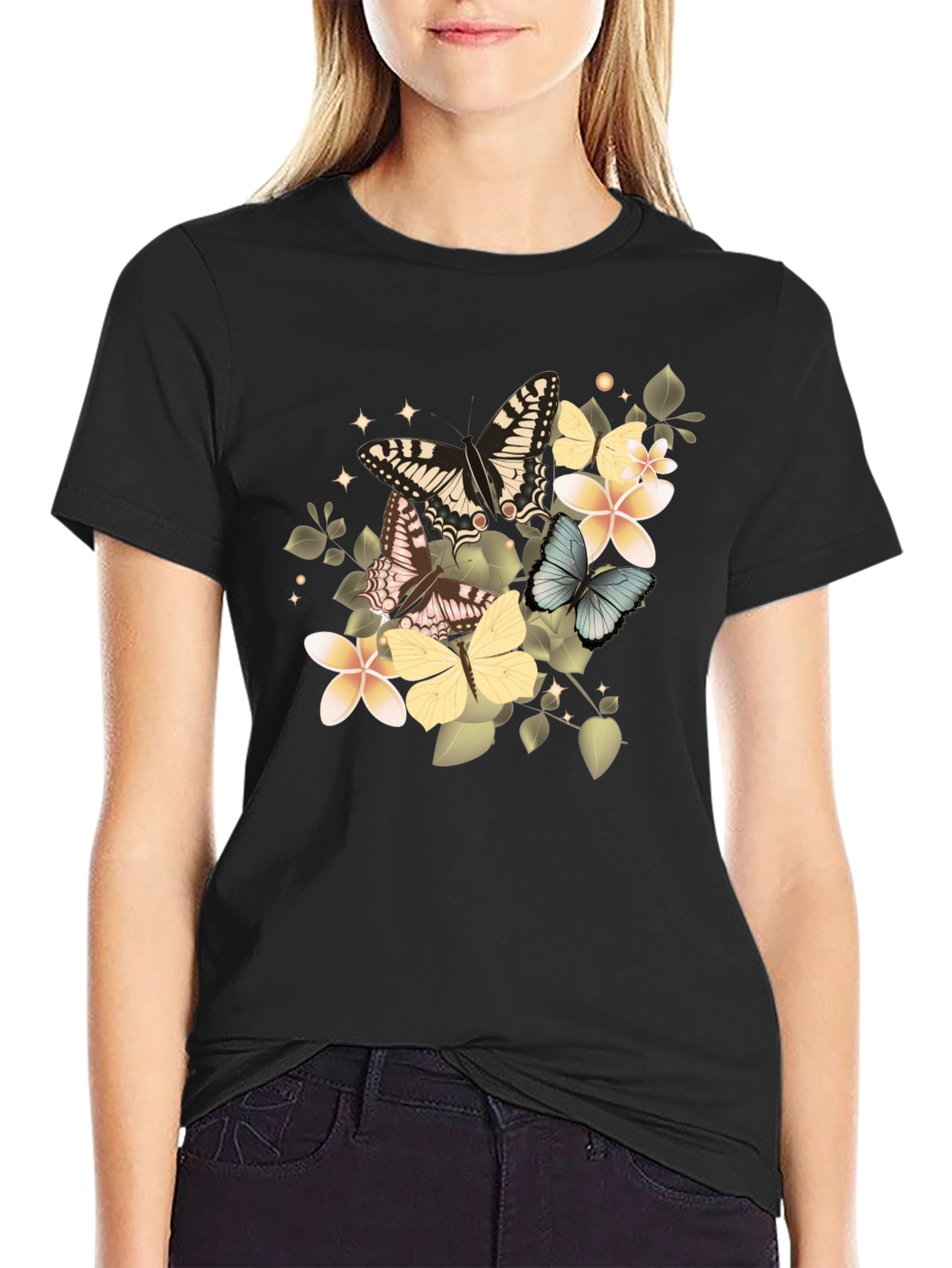 Butterfly & Floral Graphic Tee - Black