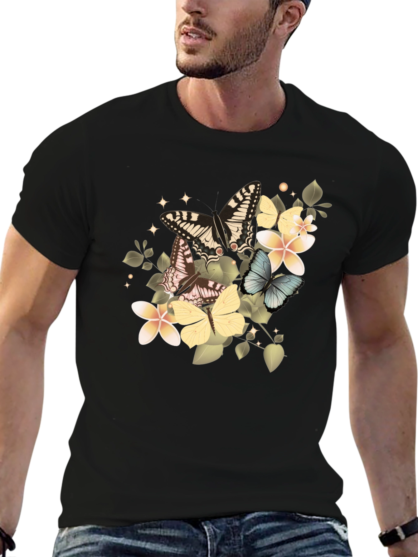 Butterfly & Floral Graphic Tee - Black