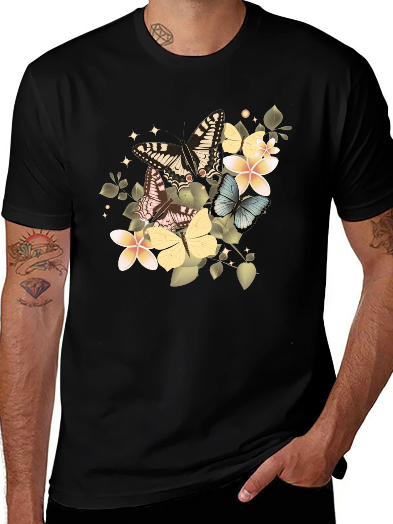 Butterfly & Floral Graphic Tee - Black