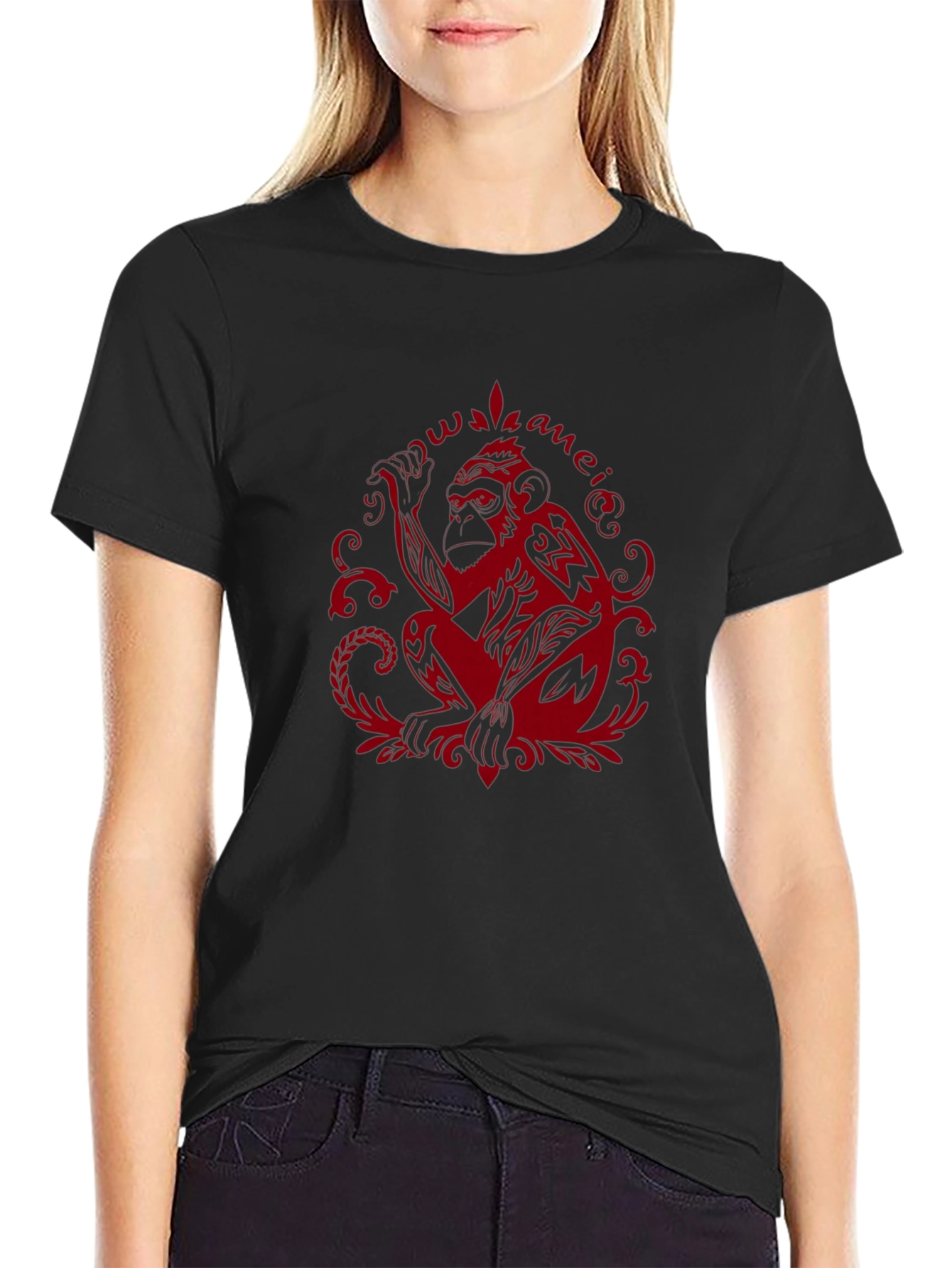 Tribal Monkey Graphic Tee - Red Print on Black