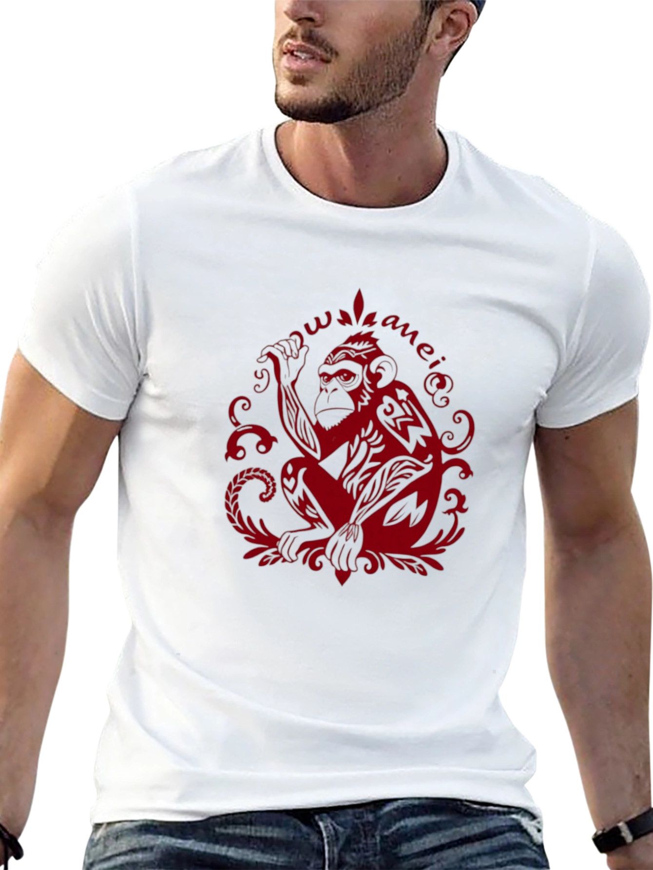 Tribal Monkey Graphic Tee - Red Print on Black