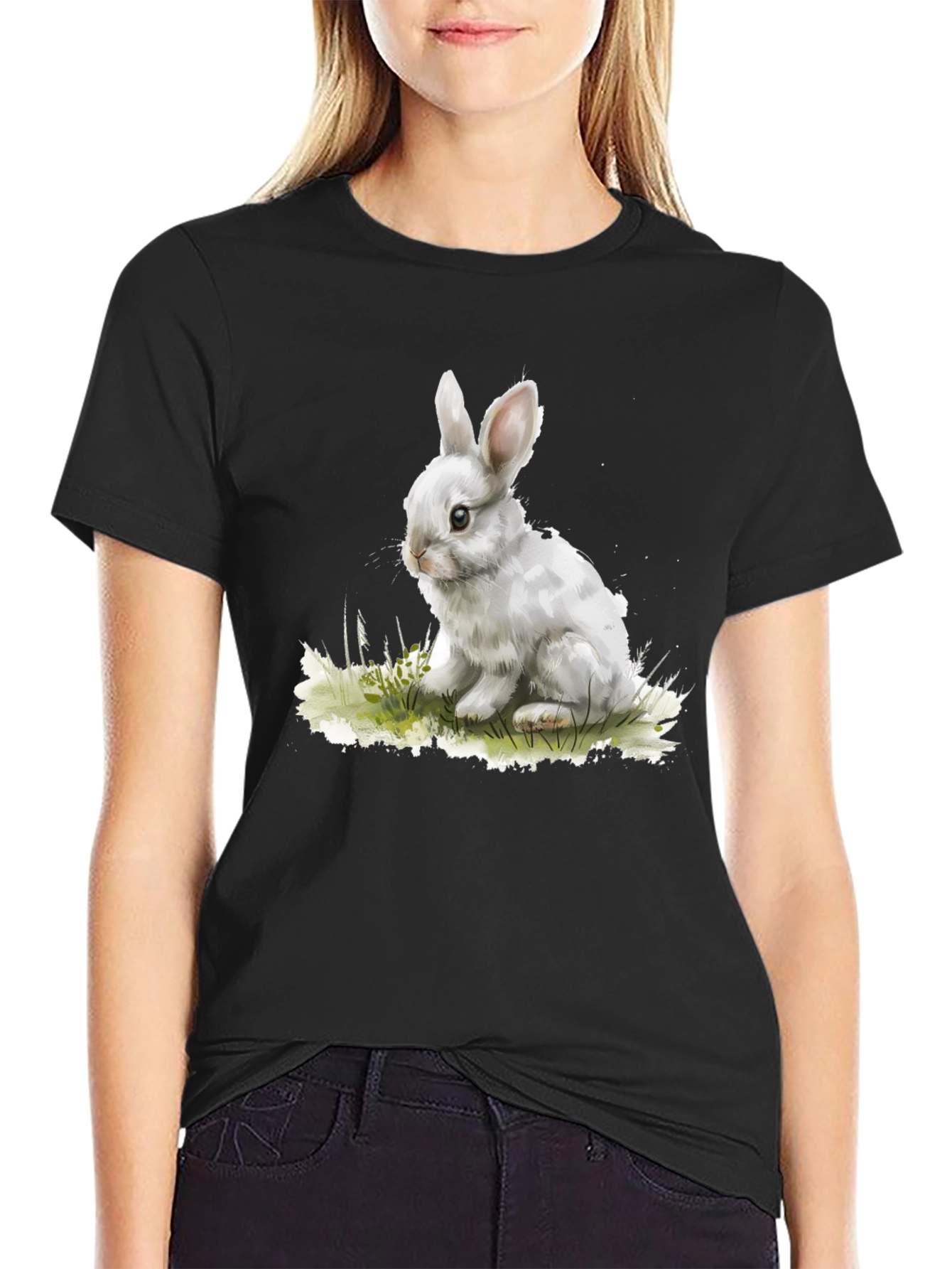 Cute Bunny Graphic Tee - Black Cotton Blend