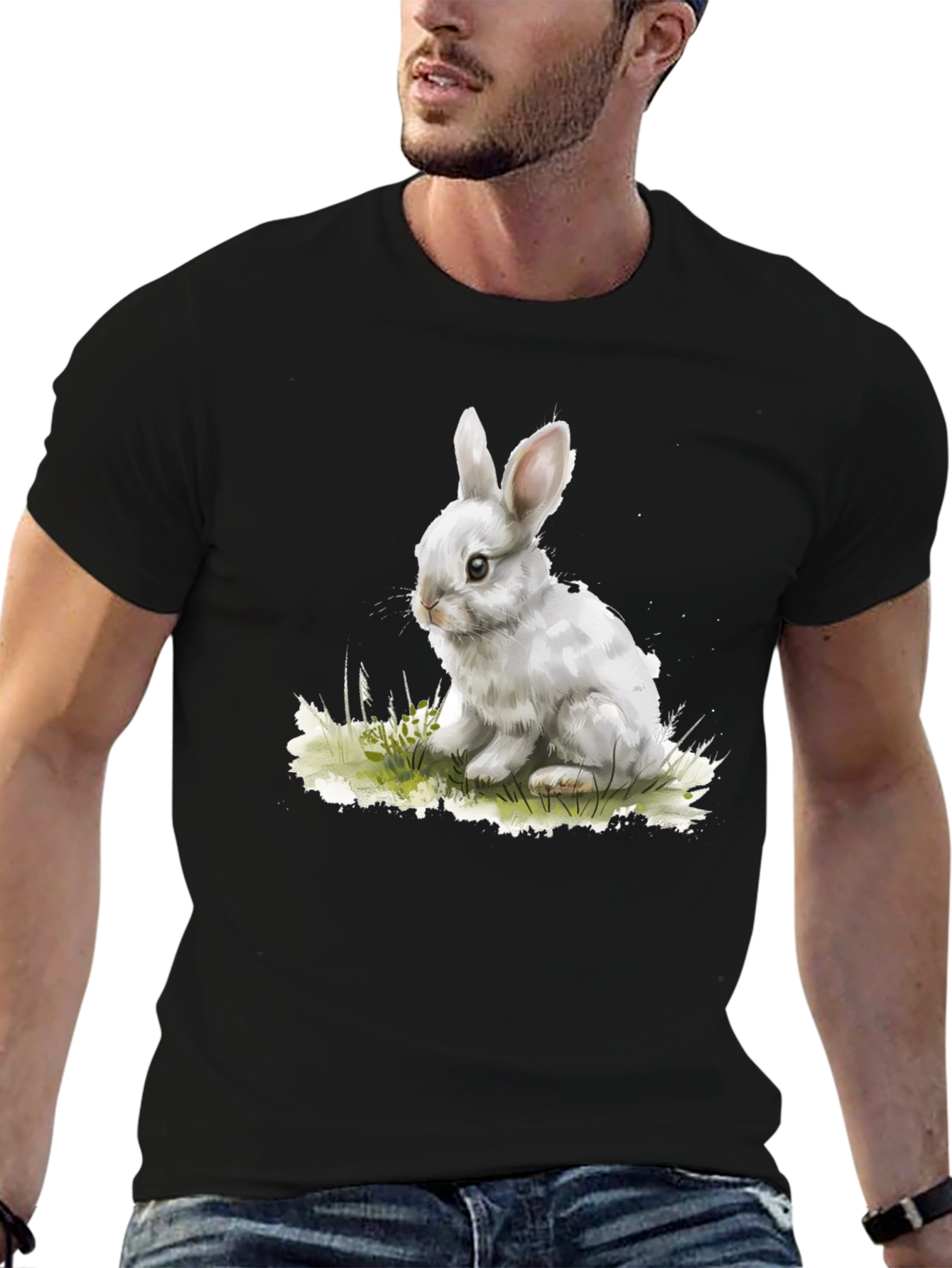 Cute Bunny Graphic Tee - Black Cotton Blend