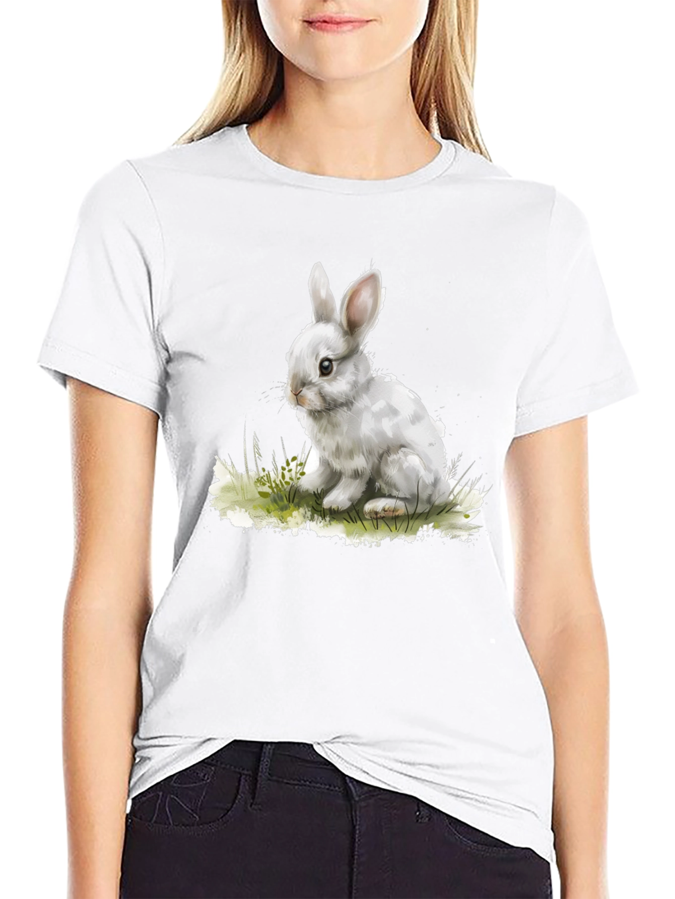 Cute Bunny Graphic Tee - Black Cotton Blend