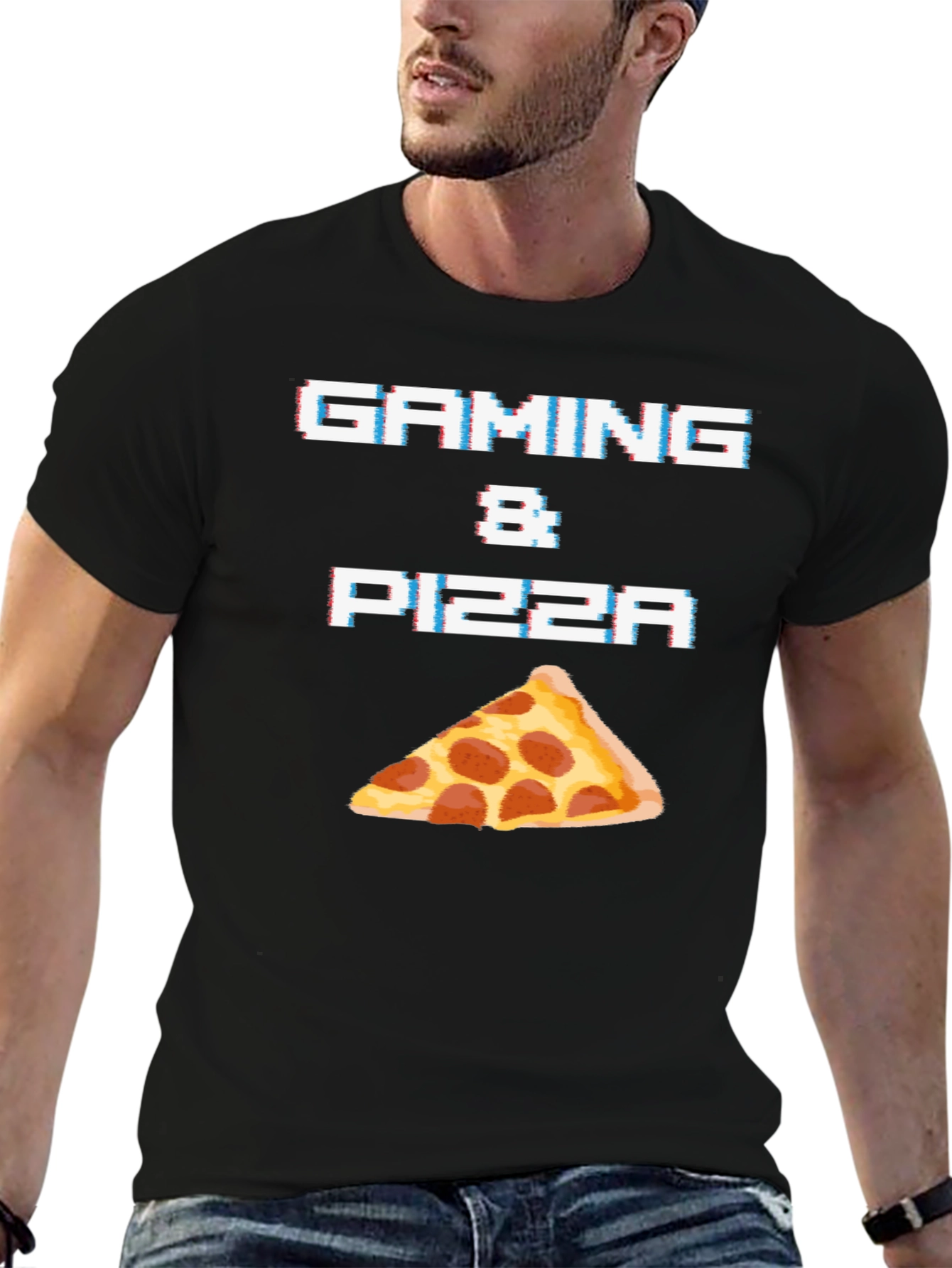 Gaming & Pizza Black Graphic T-Shirt
